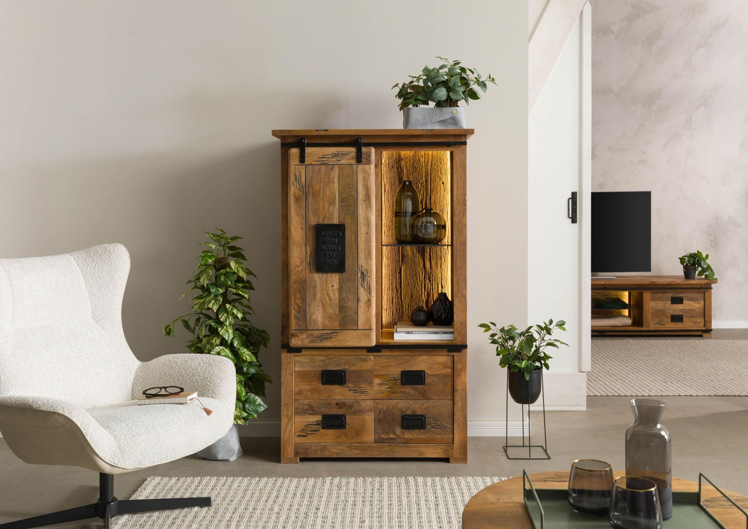 MASSIVMOEBEL24.DE | Schrank Mango/Altholz 90x45x150 Natur lackiert Railway LUX #115, Farbe:Natur lackiert, Größe:90x45x150 cm (BxTxH)