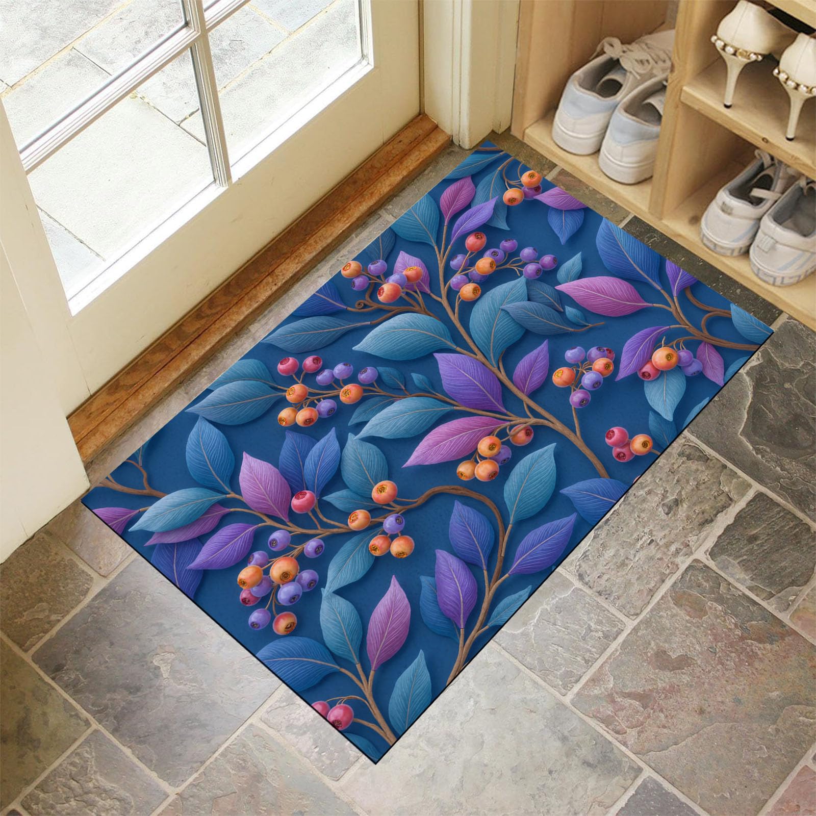 Paillasson fin super doux imprimé aquarelle 80x120cm, tapis d'entrée bleu lavable