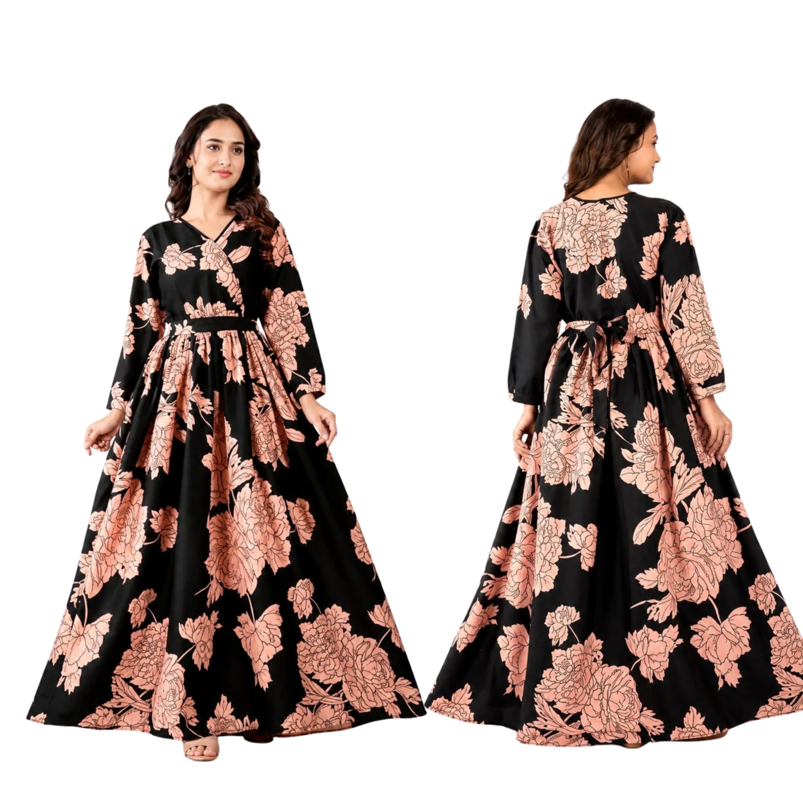 Women's Midnight Black Floral Maxi Dress | Peach Floral Print V-Neck Long Sleeve Anarkali Gown | Flared Party Dress-image-33