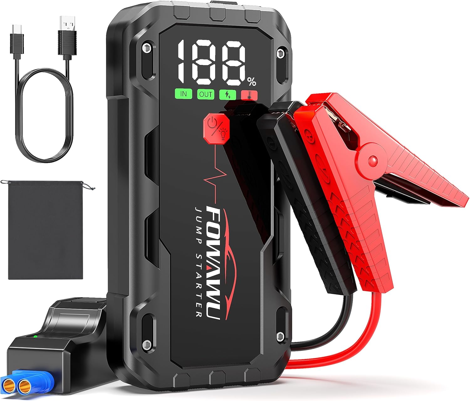 FOWAWU 26800 mAh 7000 A Peak Jump Starter for 12 V Vehicles (12 L Petrol / 10 L Diesel) and Moto, Car Battery Jump Starter Power Pack with Smart Jumper, 5 * 3.5 CM Large Screen and LED Torch