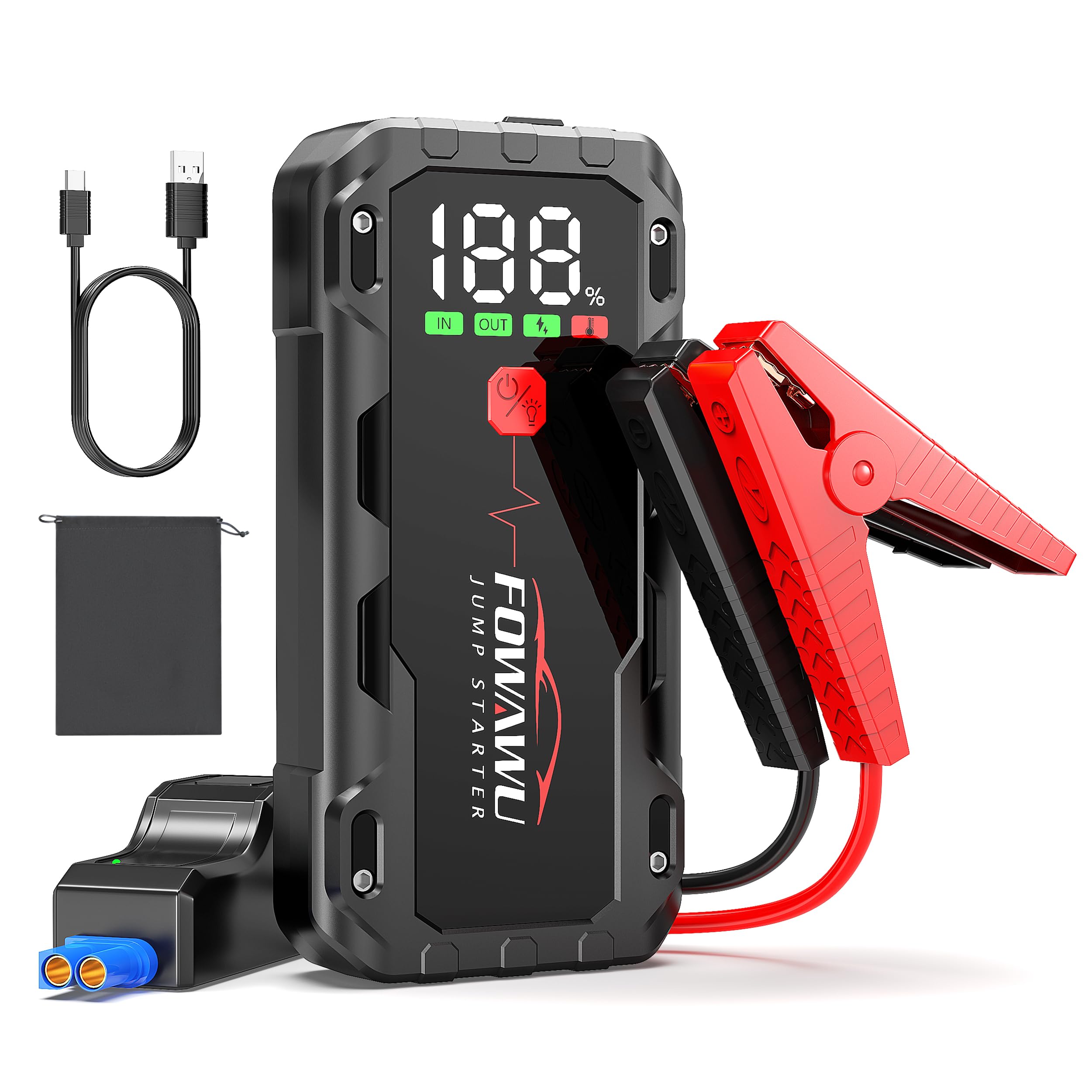 FOWAWU 22800 mAh 6000 A Peak Jump Starter for 12 V Vehicles 10 L Petrol 8 L Diesel