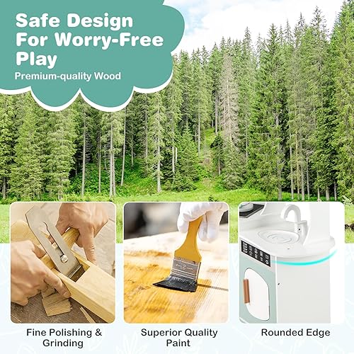 Miniatura 8 de INFANS Juego de cocina esquinera para niños, juego de cocina de madera para niños pequeños con luces, sonidos, máquina de café, lavadora, gabinete