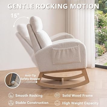 DEKKETO Teddy Nursing Rocking Chair for Nursery with Side Pocket, Ivory