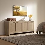 SICOTAS TV Stand pour salon Rattan Entertainment Center pour chambre avec 4 Rattan Cabinets Farmhouse TV Stands avec stockage pour les téléviseurs jusqu'à 50 55 60 65 Inch (Chêne léger rebaptisé)