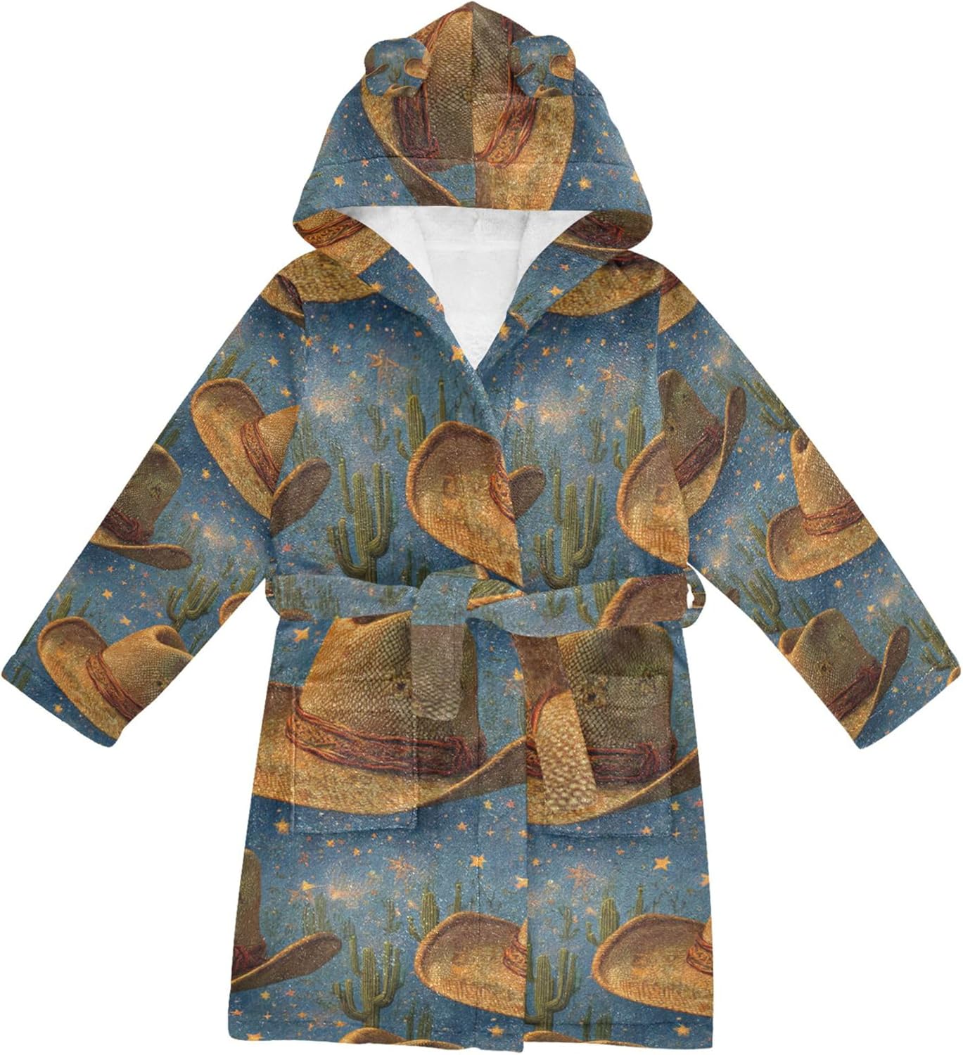 Cowboy Hat Cactus Bathrobe Hooded PJ Robe Soft Fleece Robe Pajama Sleepwears 2-12 Years