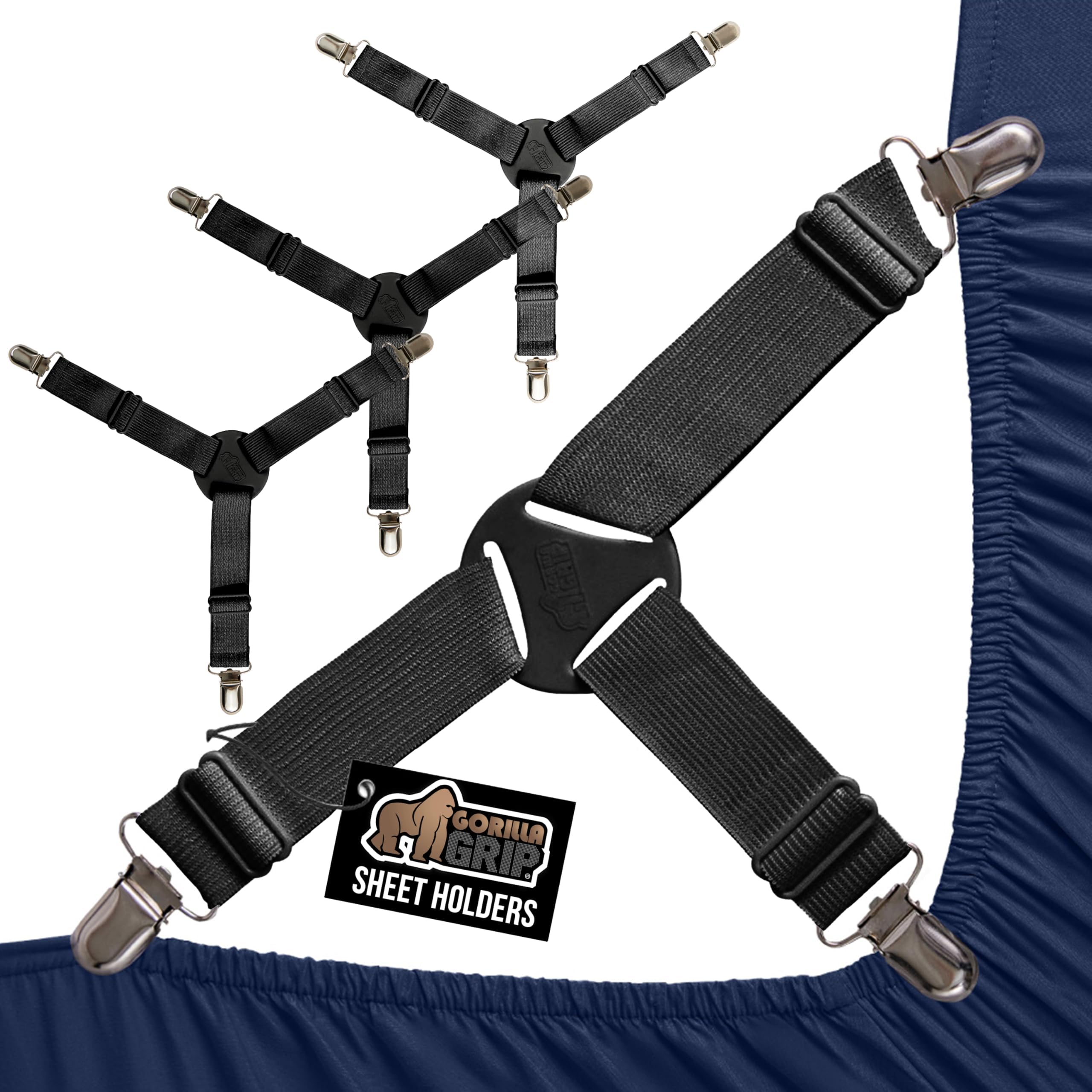 GORILLA GRIP Patent Pending Bed Sheet Holders, Adjustable Elastic Fasteners with Metal Clips, Keep in Place Fitted Bedding Straps, Firm Tight Suspenders for Mattress, US Designed, 4 Pack Black