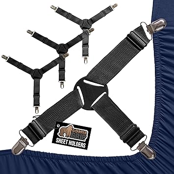 GORILLA GRIP Patented Bed Sheet Holders, Adjustable Elastic Fasteners with Metal Clips, Keep in Place Fitted Bedding Straps,