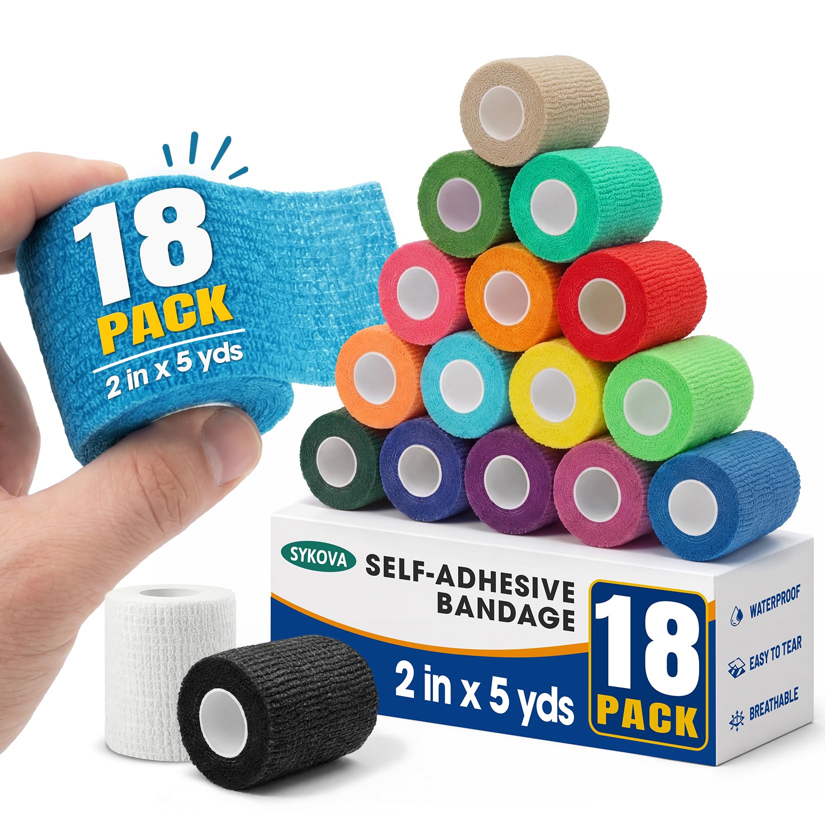 18 Pack Self Adhesive Bandage Wrap, 2 Inch Athletic Tape, Sports Wrap