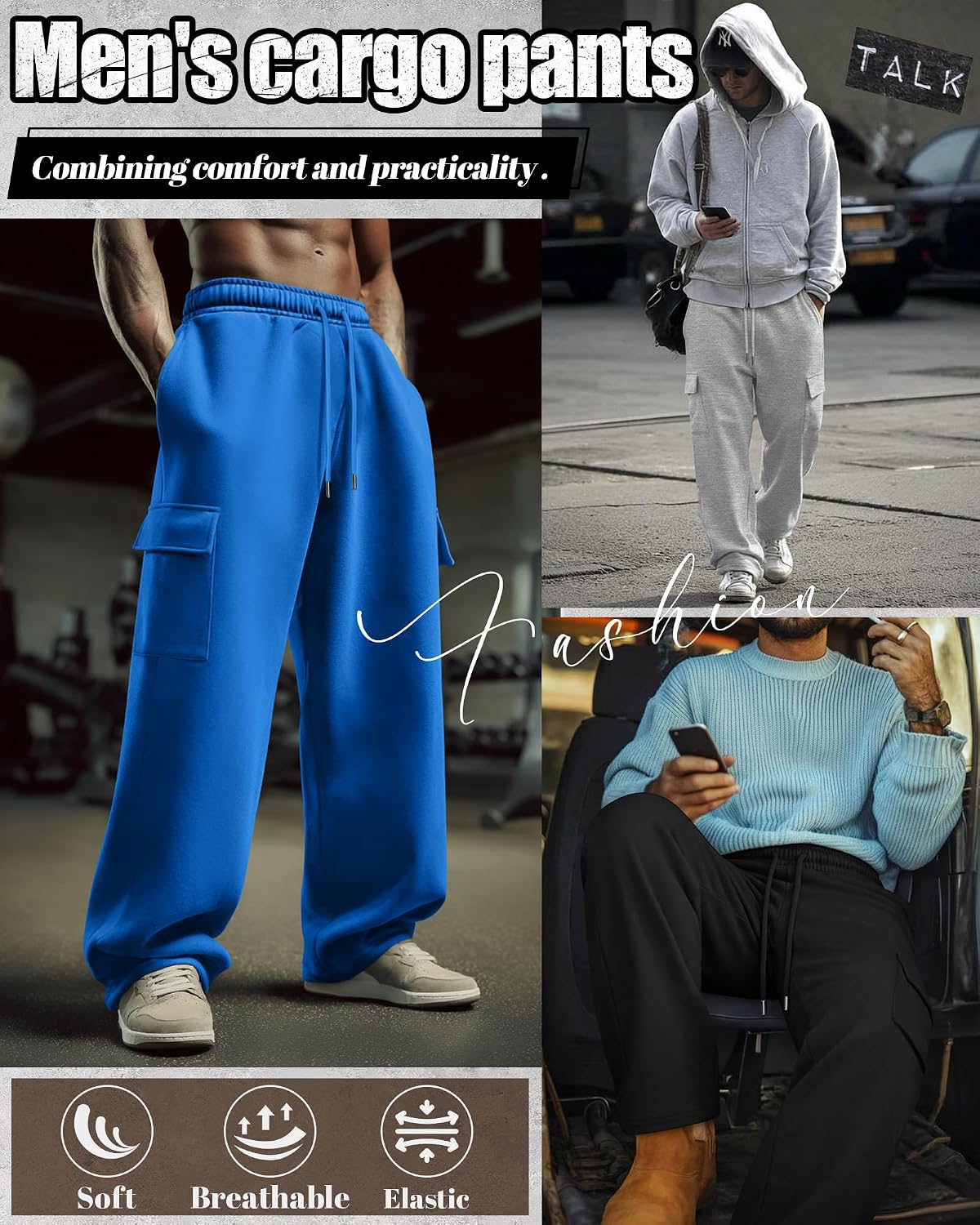 Neer 3 Pack Men's Cargo Sweatpants Wide Leg Track Pants Athletic Open Bottom Joggers Drawstring Lounge Pants with Pockets