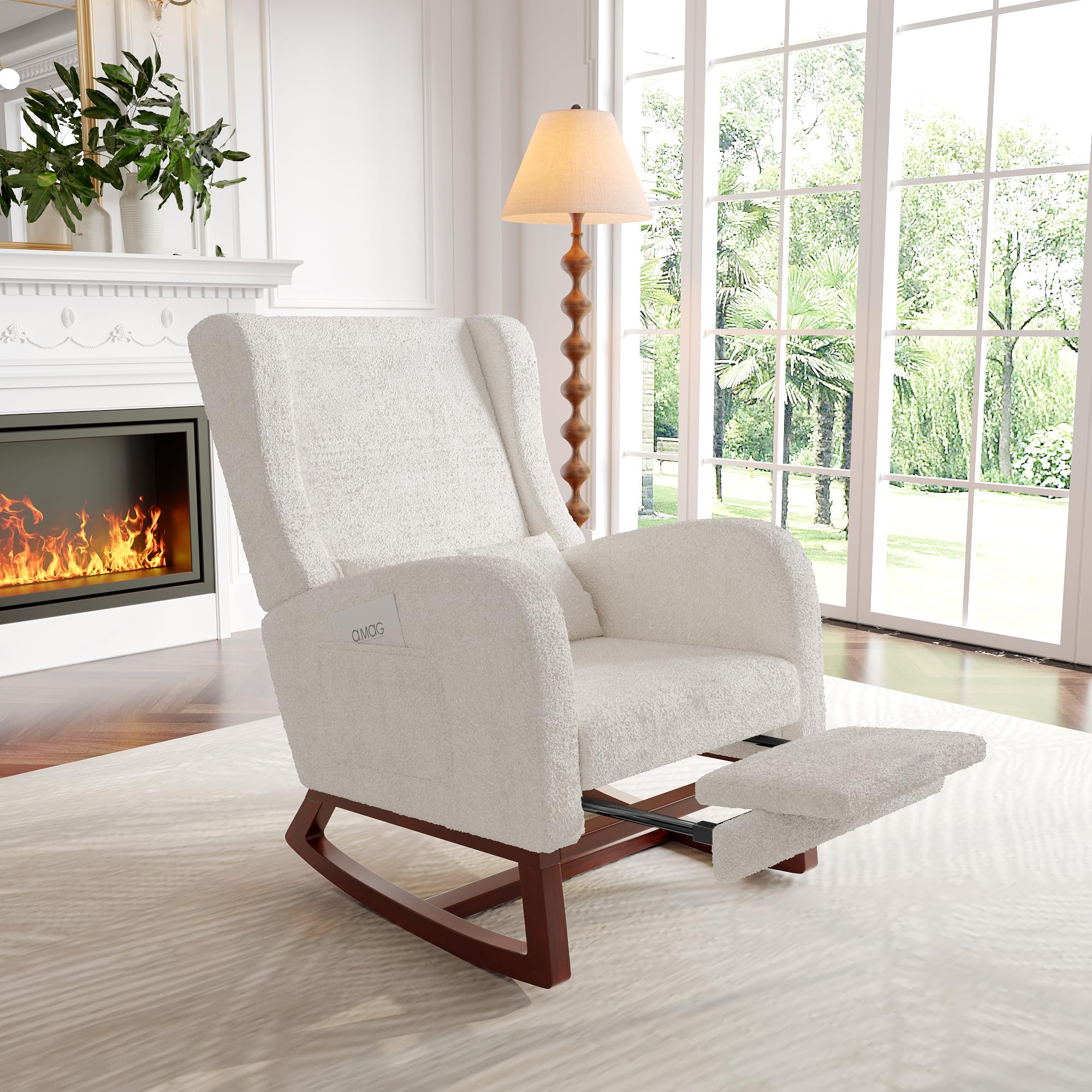 BRILVERDE Mecedora Lactancia, sillón Relax con reposacabezas, Mecedora escandinava con Bolsillos Laterales y Base de Madera Maciza, para salón, balcón, salón (Borreguito con reposapiés, Blanco)