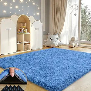 4x6 Rugs for Living Room, Blue Large Fluffy Area Rugs for Bedroom, Soft Carpet Shag Kids Rug with 4 Non-Slip Rug Pads (Blue, 4ft x 6ft)