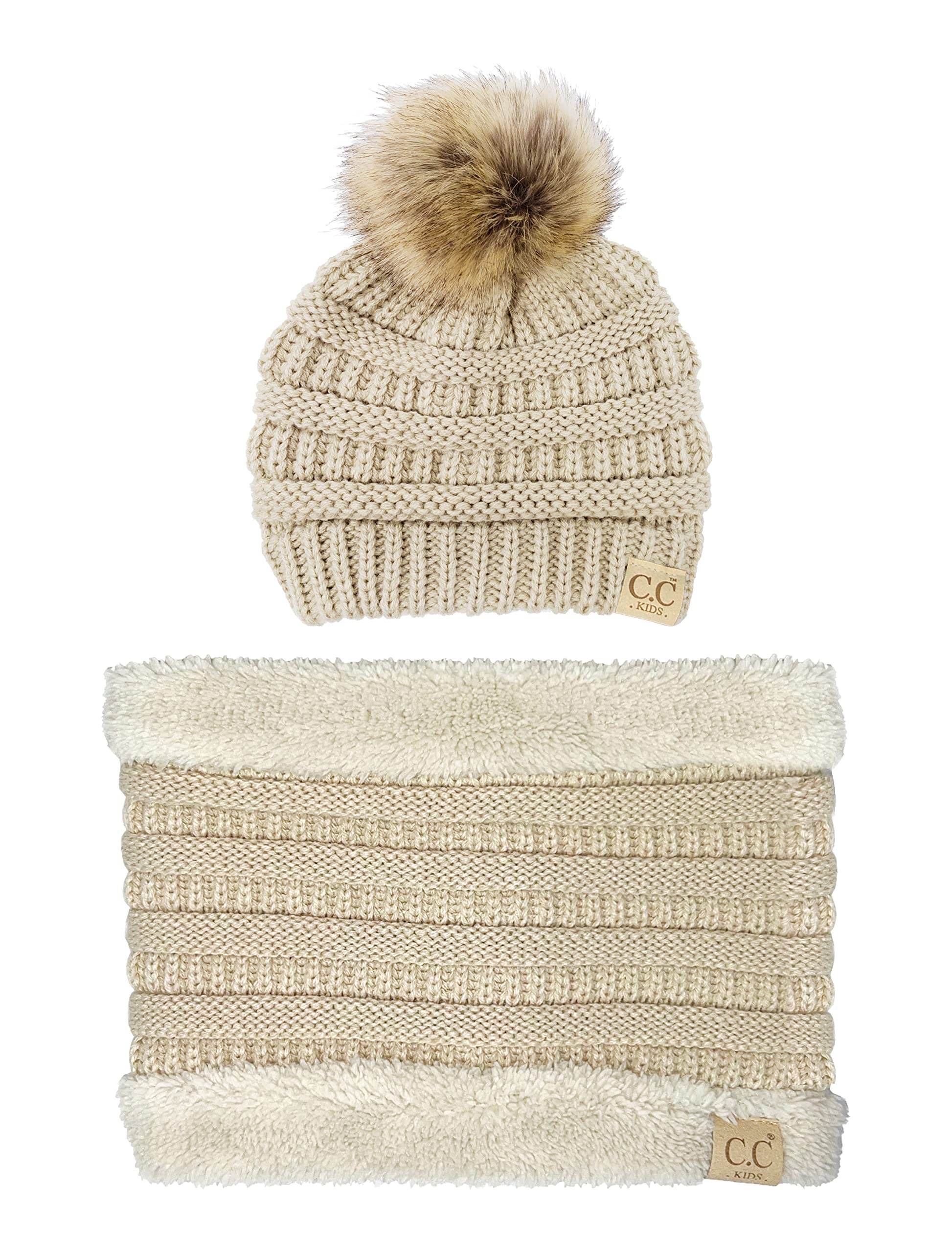 Funky Junque Kids Winter Fleece Lined Neck Warmer Ribbed Knit Pom Pom Winter Beanie Bundle Cold Weather Gaiter Toddler