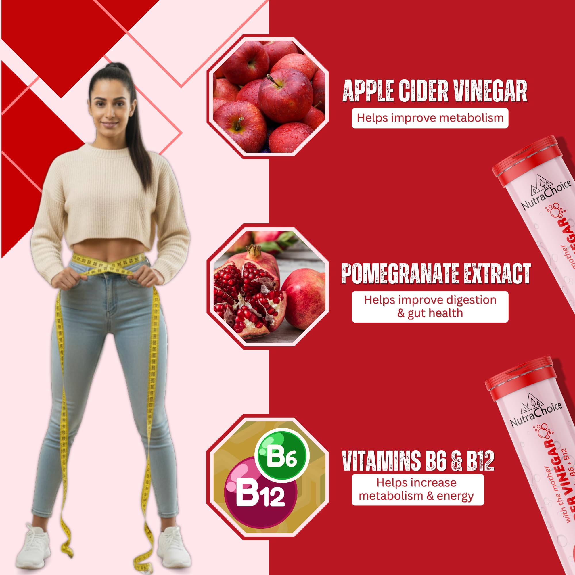 NutraChoice Apple Cider Vinegar 30 Effervescent Tablets (Pack of 2) with Mother for Weight Loss, Added Vitamin B6, B12 & Pomegranate Extract, Weight Management & Gut Health 2