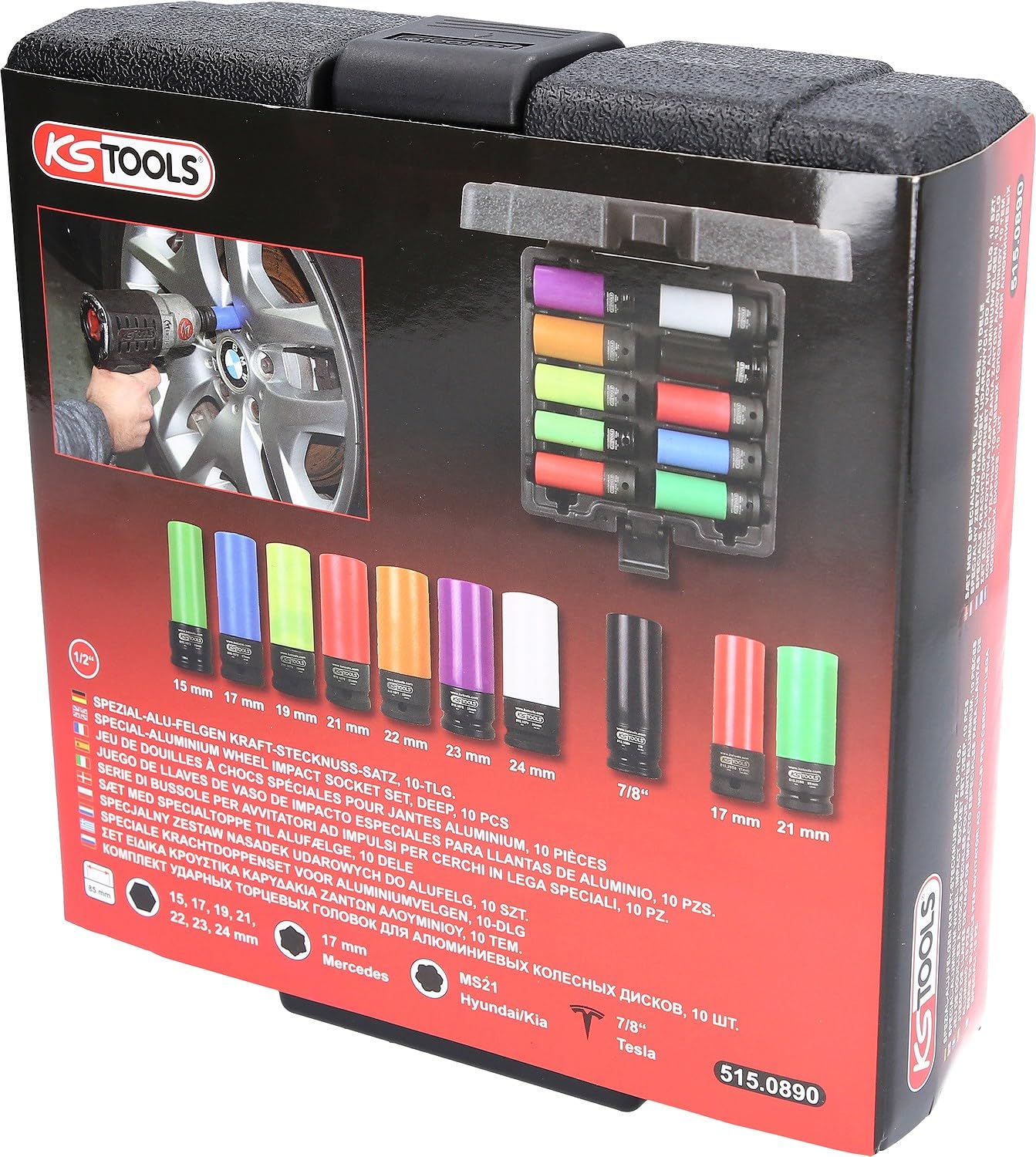 KS Tools 515.0890 Serie di bussole per avvitatori ad impulsi per cerchi in lega speciali da 1/2", 10 pz