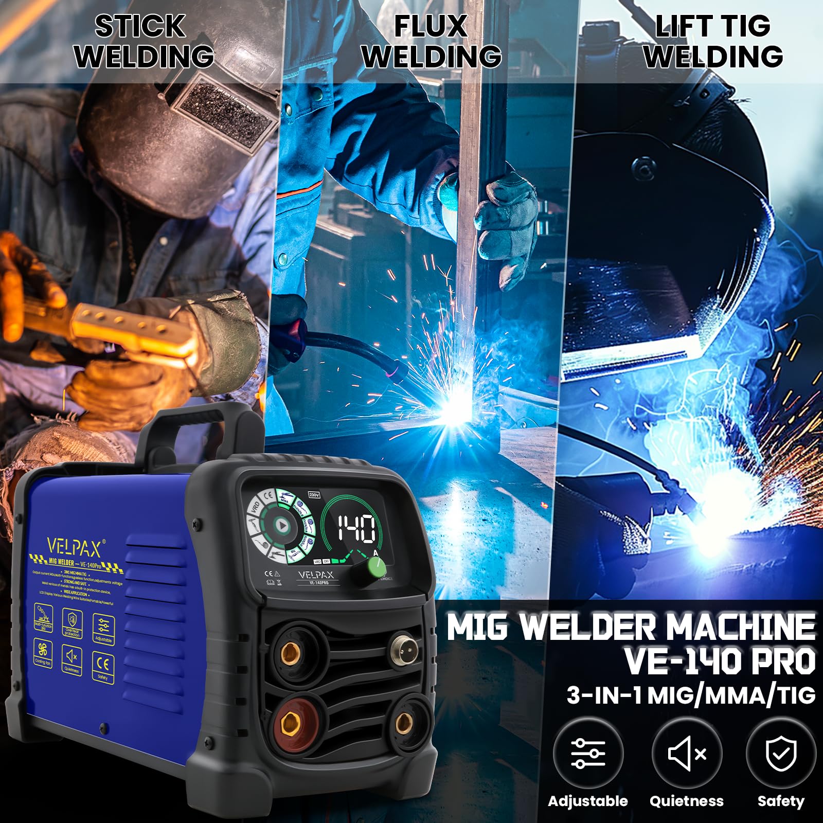 140A Saldatrice A Filo Continuo Senza Gas, 3 in 1 MIG/ARC/Lift TIG IGBT Inverter Saldatore con Smart Digital LED Dispaly di filo animato 0,8 mm per principianti e saldatori professionisti