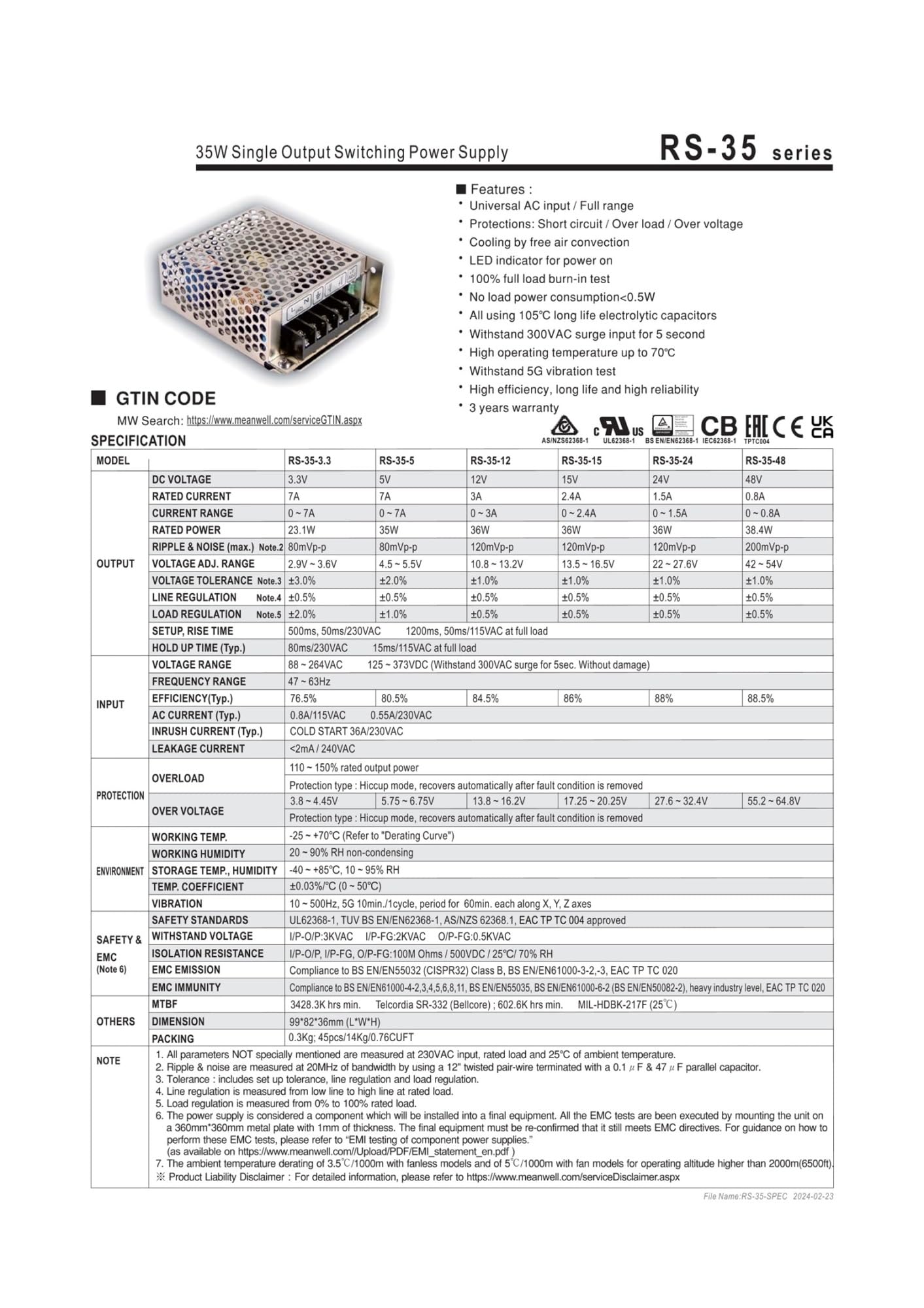 Zasilacz RS-35 RS-35-3.3 | 3,3 V RS-35-5 | 5 V RS-35-12 | 12 V RS-35-15 | 15 V RS-35-24 | 24 V RS-35-48 | 48 V 35 W (RS-35-48 (8)