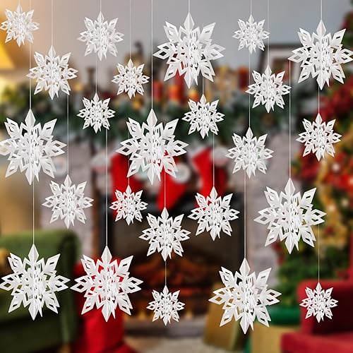 Vista 21 de Crafare Adornos colgantes de copos de nieve 3D de Navidad, 3 tamaños, 18 unidades, blanco y plateado, guirnalda colgante para invierno, país