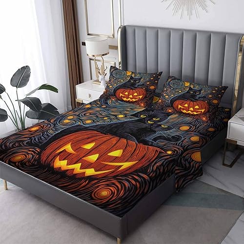 Sábanas de Halloween tamaño Queen, sábanas espeluznantes de gato negro calabaza, juego de sábanas y fundas de almohada de 4 piezas, sábana bajera
