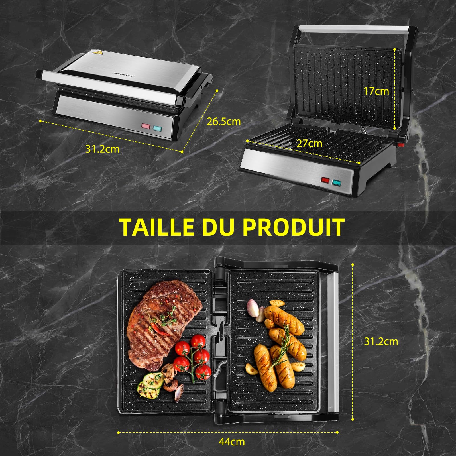 Aigostar Machine à Panini avec Revêtement Céramique, Ouverture 180°, 1500W | Grill électrique, Plaque de 27x17cm, Garanti sans PFAS, Finition Inox | Hett Pro