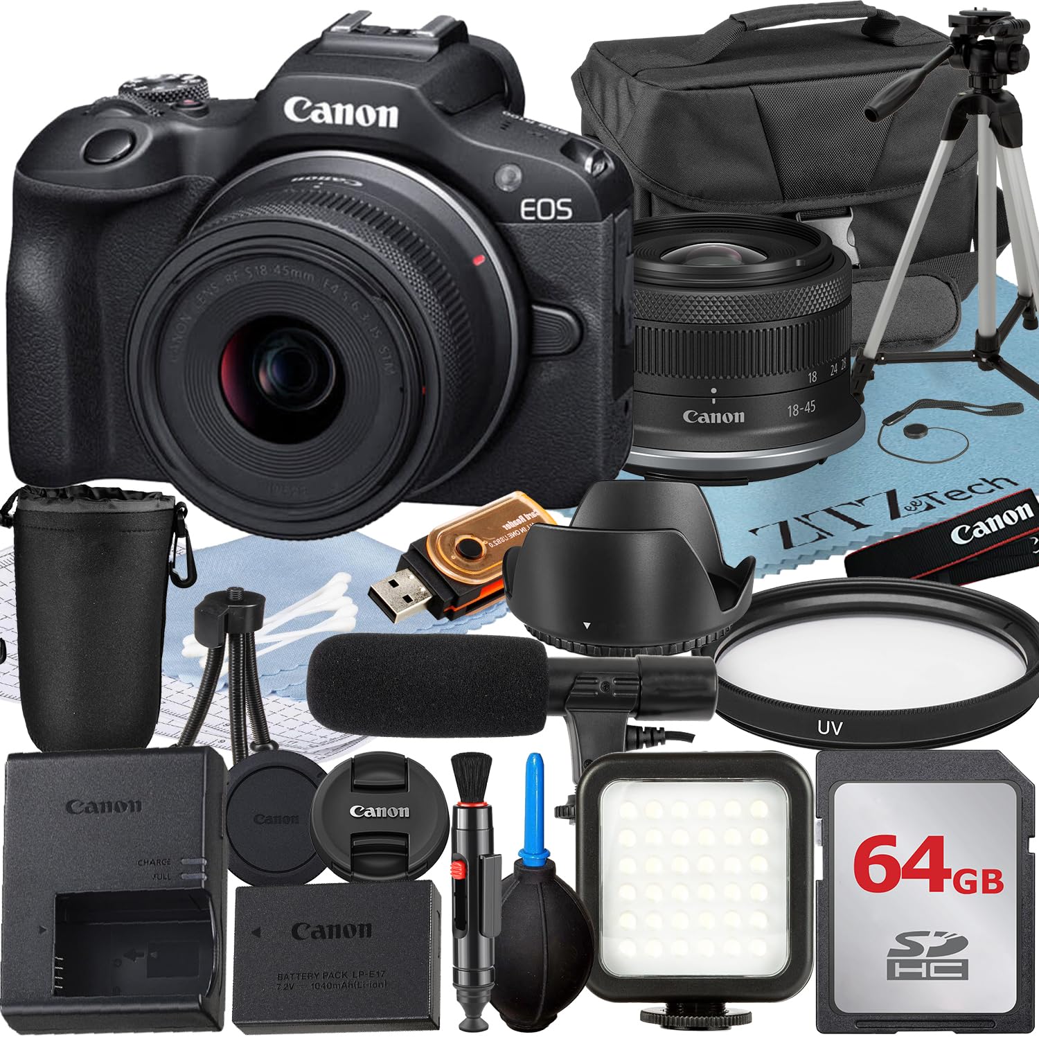 Canon EOS R100 Mirrorless Camera with RF-S 18-45mm Lens + 64GB Memory Card + Case + LED Flash + ZeeTech Accessory Bundle (Renewed)