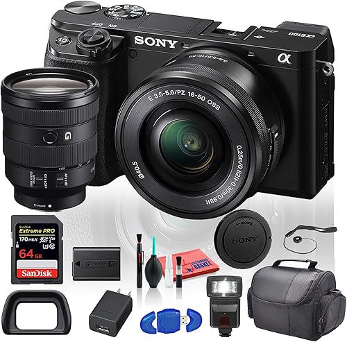 Sony Alpha a6100 Cámara digital sin espejo (ILCE6100L/B) con lentes de 0.630-1.969 in con lente Sony FE 0.945-4.134 in f/4 G OSS, Flash, funda