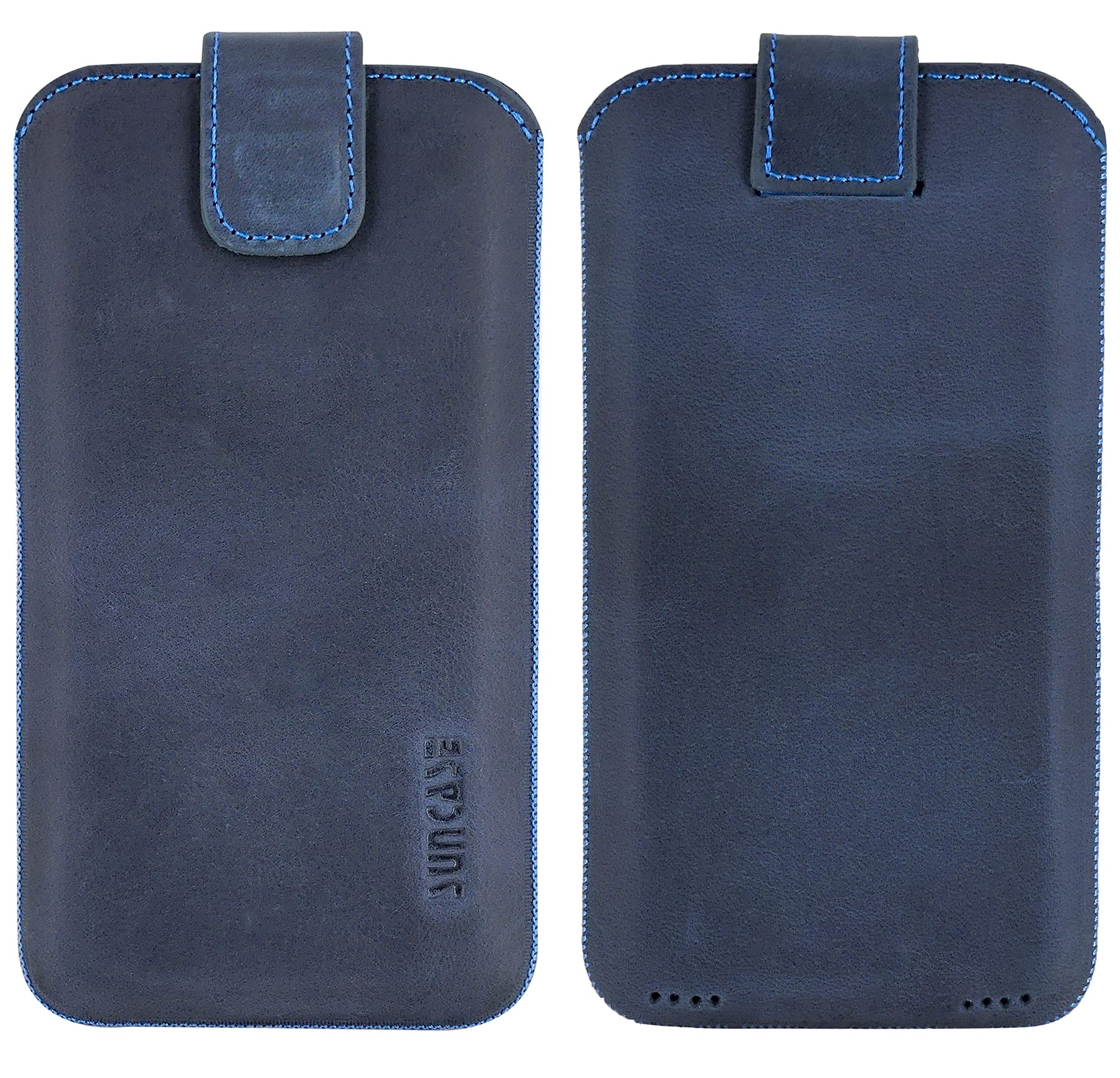 Suncase ECHT Leder Tasche kompatibel mit iPhone 14 Pro (6,1 Zoll) mit ZUSÄTZLICHER Transparent Hülle | Schale | Silikon Bumper Handytasche (mit Rückzugsfunktion und Magnetverschluss) in Pebble Blue
