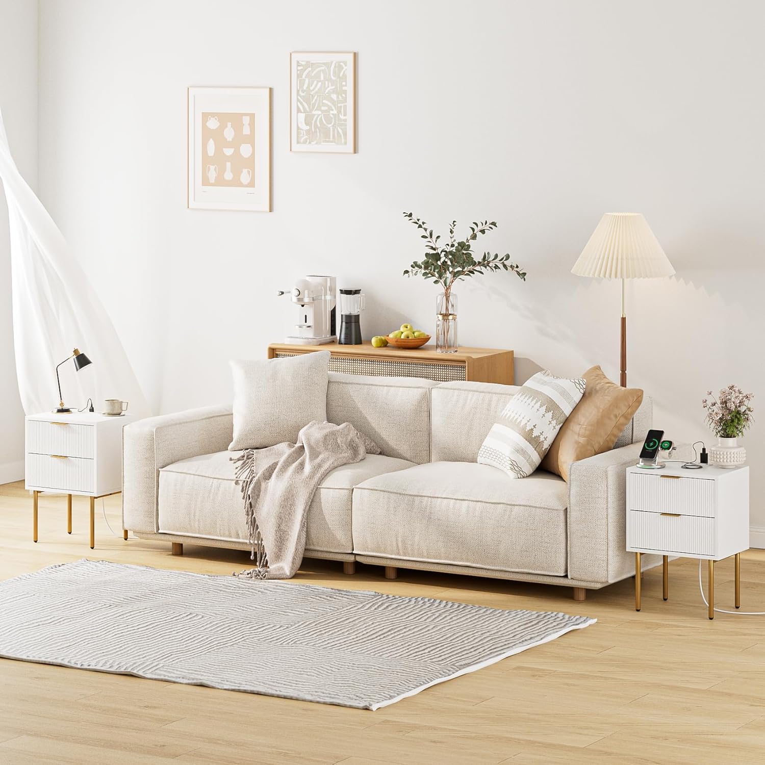 Masupu Nightstand with Charging Station,Mid-Century Modern Bedside Table with 2 Storage Drawer,Small Gold Frame Side End Table for Bedroom,Living Room (White)