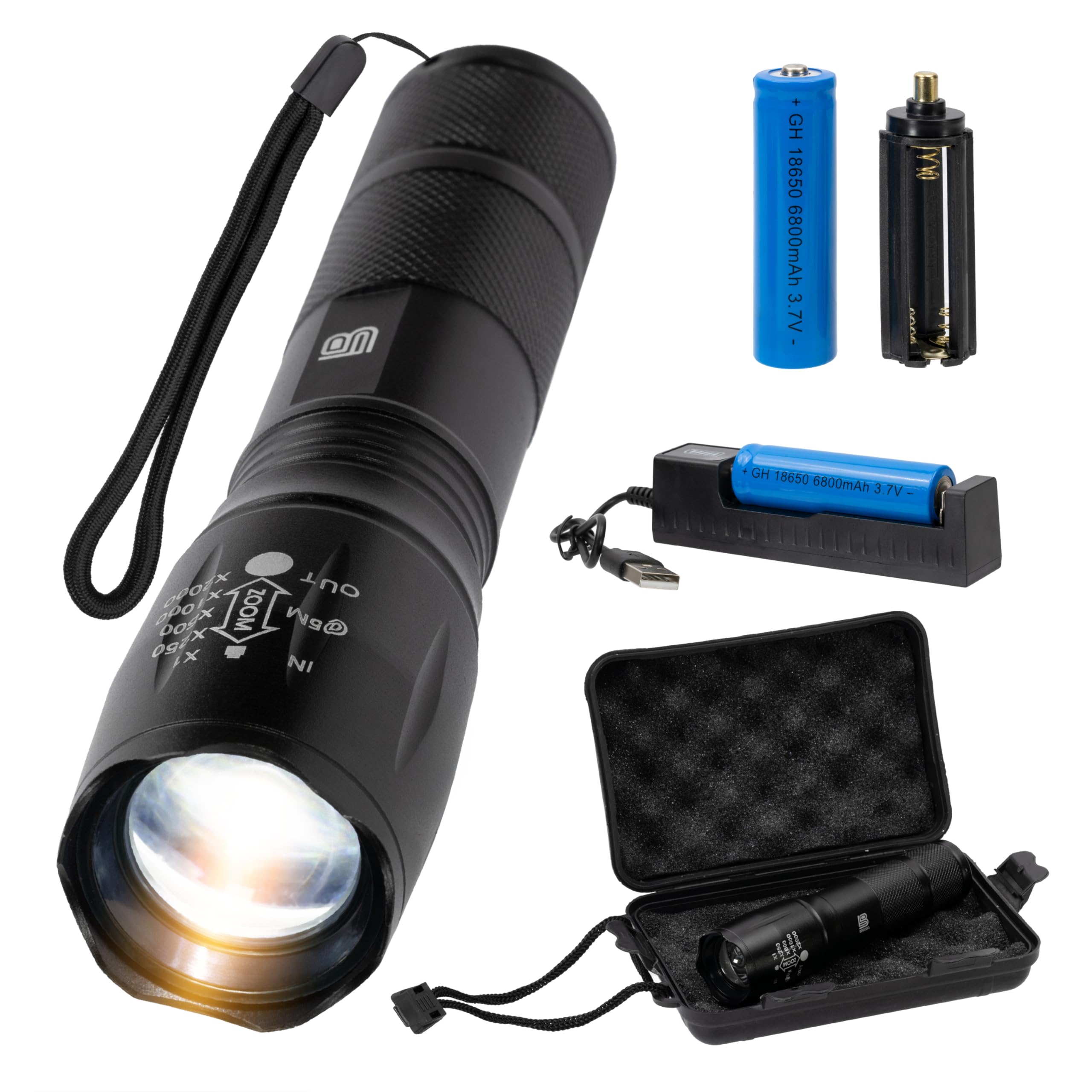 Generico Torcia LED Ricaricabile Potente – Zoom Regolabile, 5 Modalità, Impermeabile, per Emergenze e Outdoor, con Beauty Case Antiurto-Idea Regalo