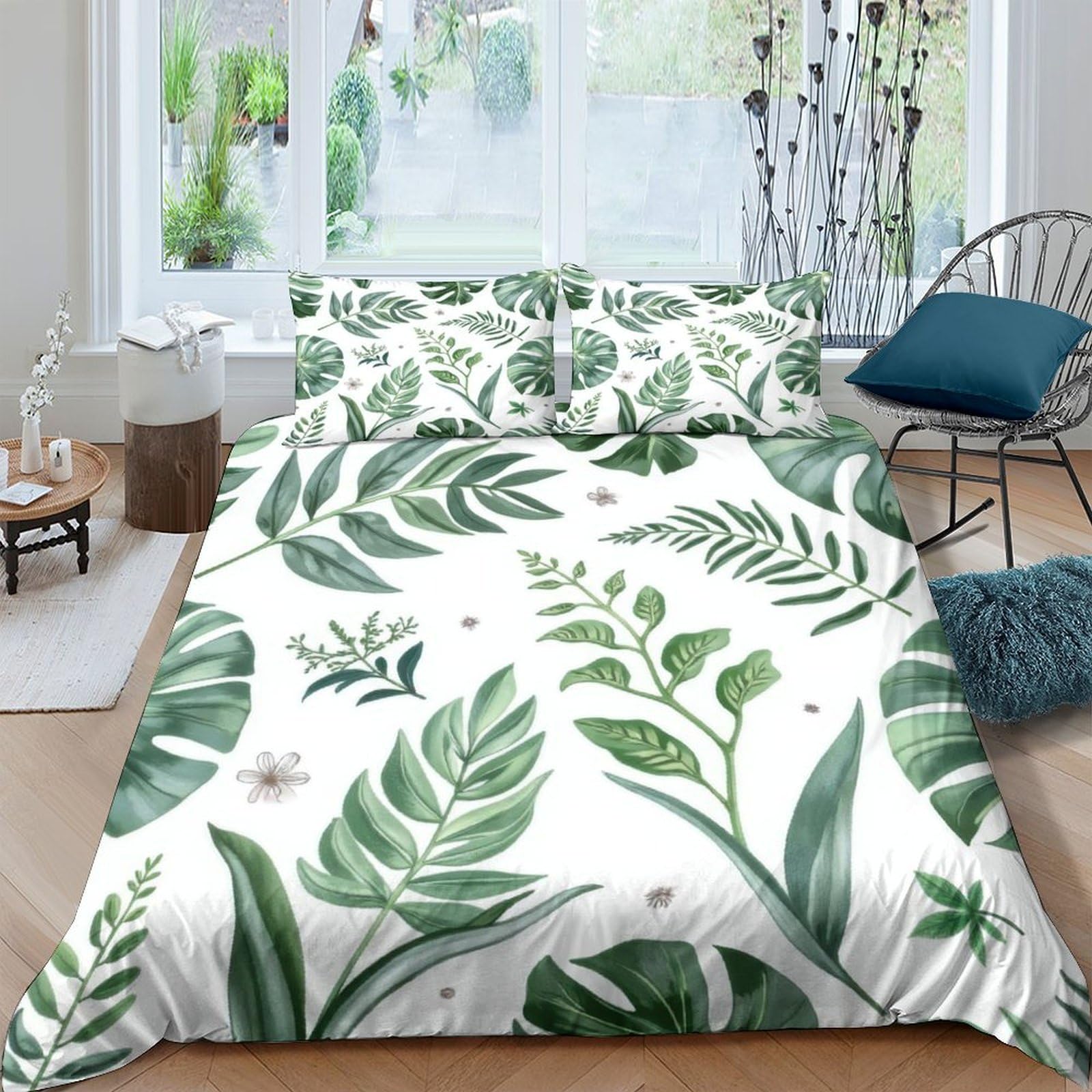 GPLZQXKJNH 3D Printed Tropical Leaf Duvet Cover Microfiber Soft Botanical Jungle Bedding Set with 2 Pillowcases for Bedroom Decor Single（135x200cm）