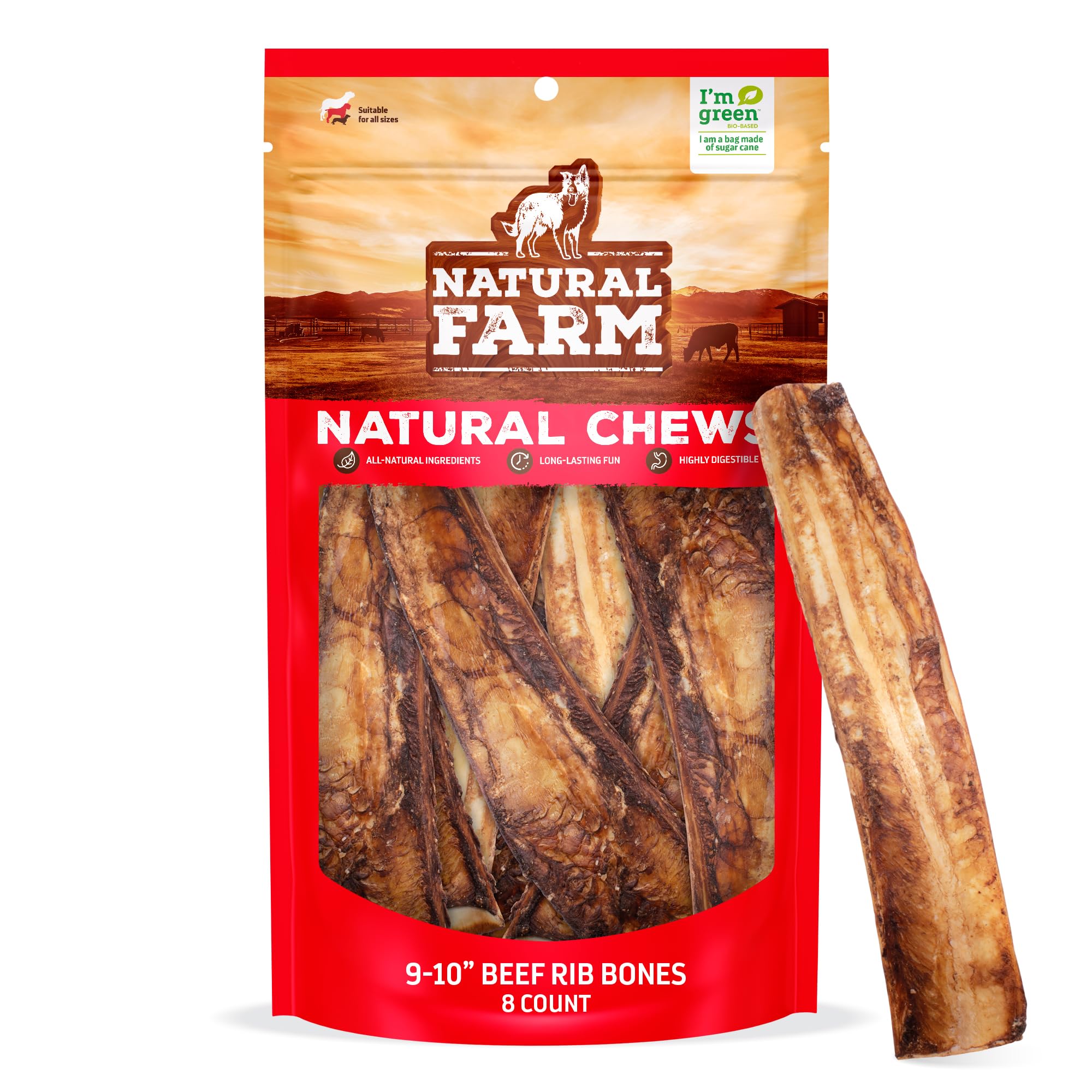 Natural Farm Rib Bones for Dogs (9-10 Inch, 8 Pack) - Beef Ribs, Farm-Raised Cattle - Slow-Roasted Flavor Treats, Promotes Dental Health, Great for