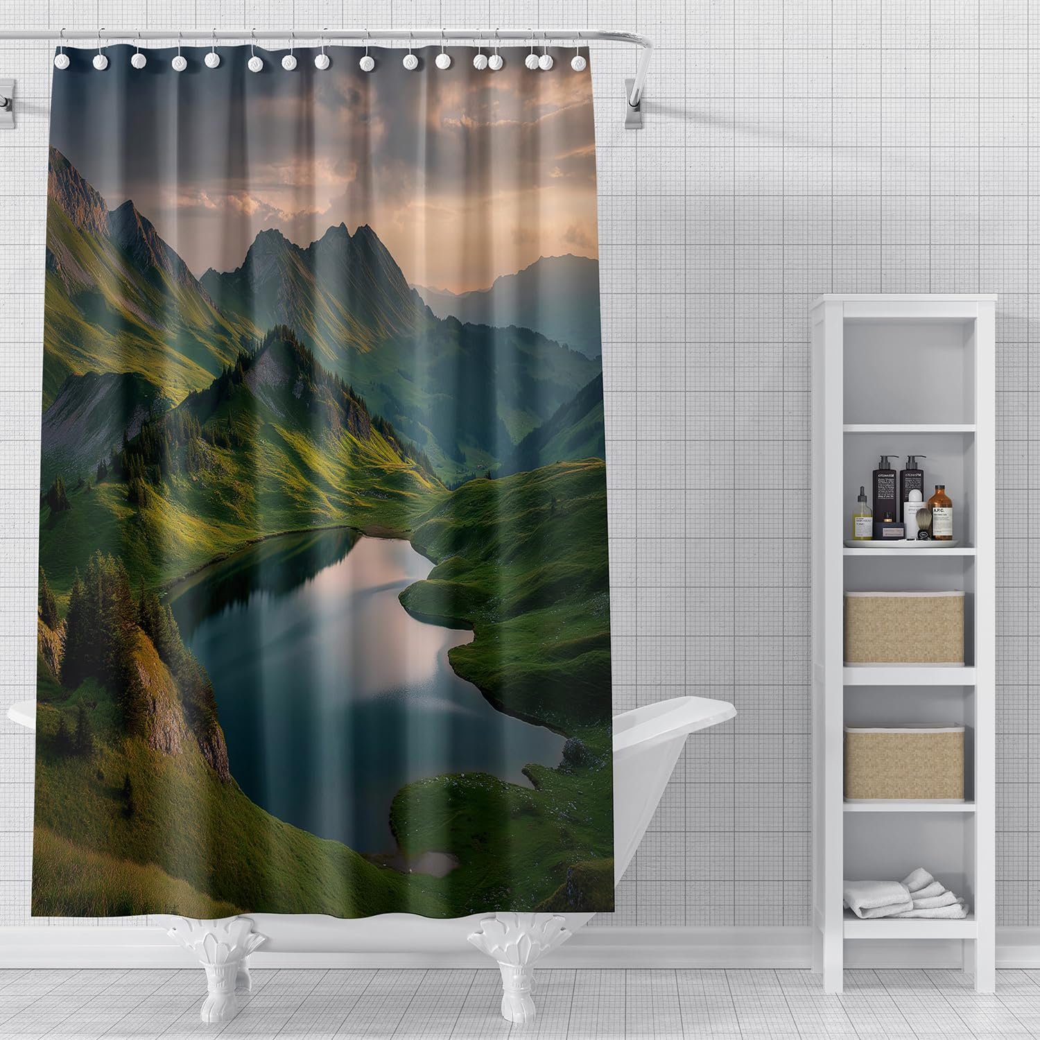 Cortina de Ducha de Montañas para Decoración de Baño,Montañas Verdes Rodean el Lago Cortina de Baño de Tela Impermeable con Ganchos de Plástico,Duradera y Lavable 240Anx200Al cm (1 Panel)