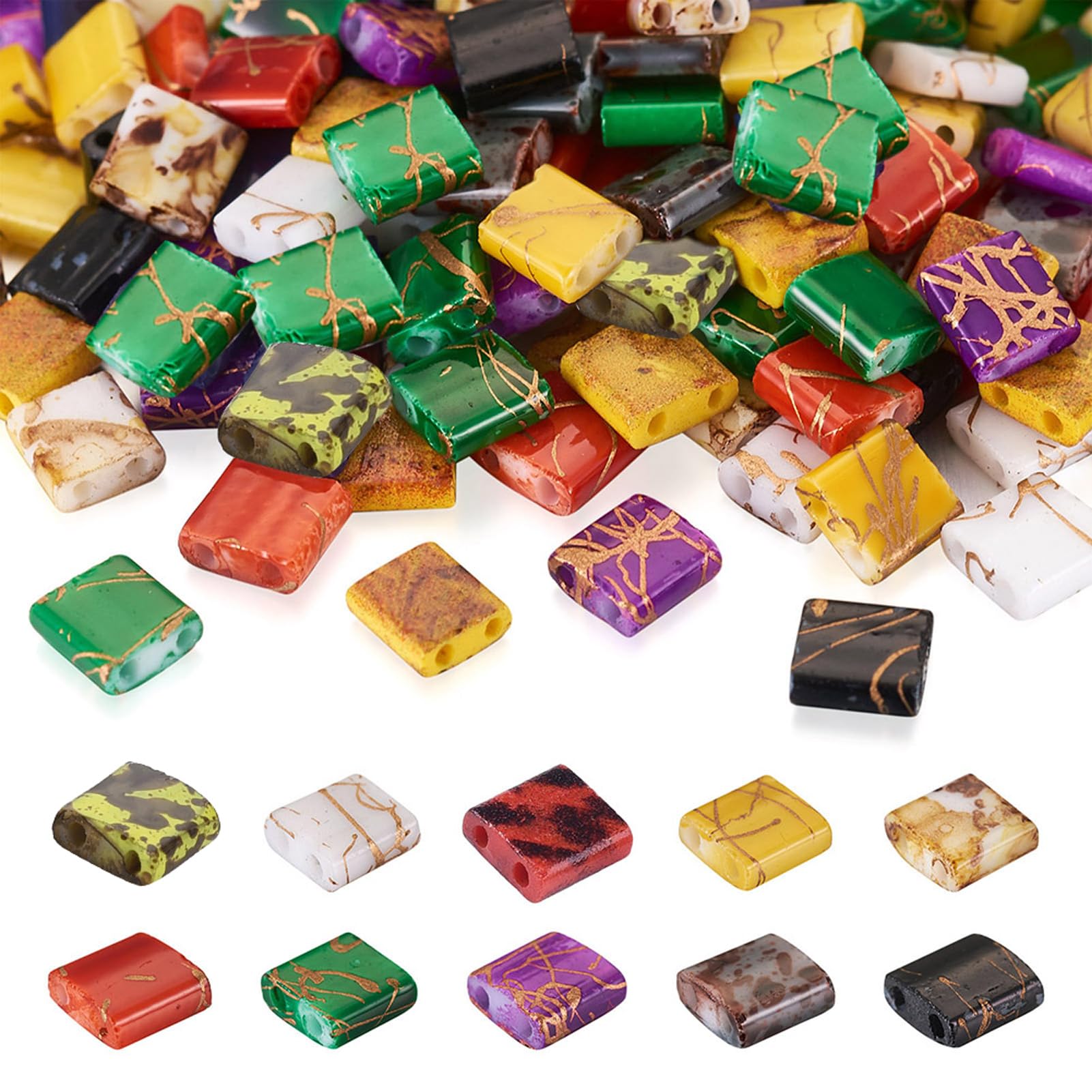 PandaHall 200pcs 2-Hole Glass Seed Beads 10 Colors Square Glass Carrier Beads Opaque Half Tila Beads for Multi-Strand Jewelry Bracelet Craft Making