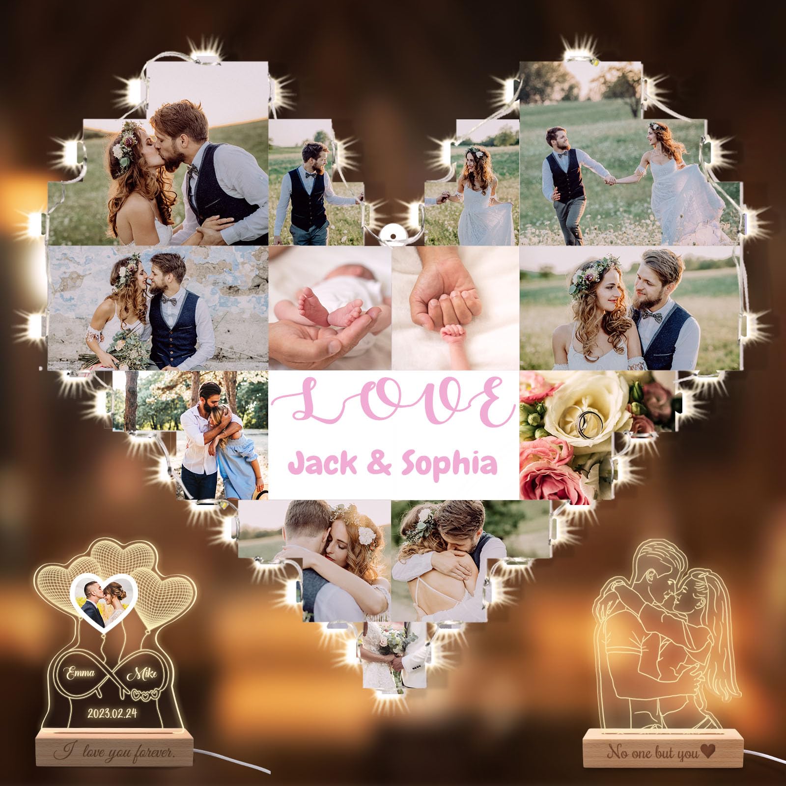 Lovdeying Personalised Heart Photo Wall Lamp Custom Heart Shape Multi Picture Collage Night Light Customised Wall Light for Couples Friends Family Valentine's Day Anniversary Birthday Gifts