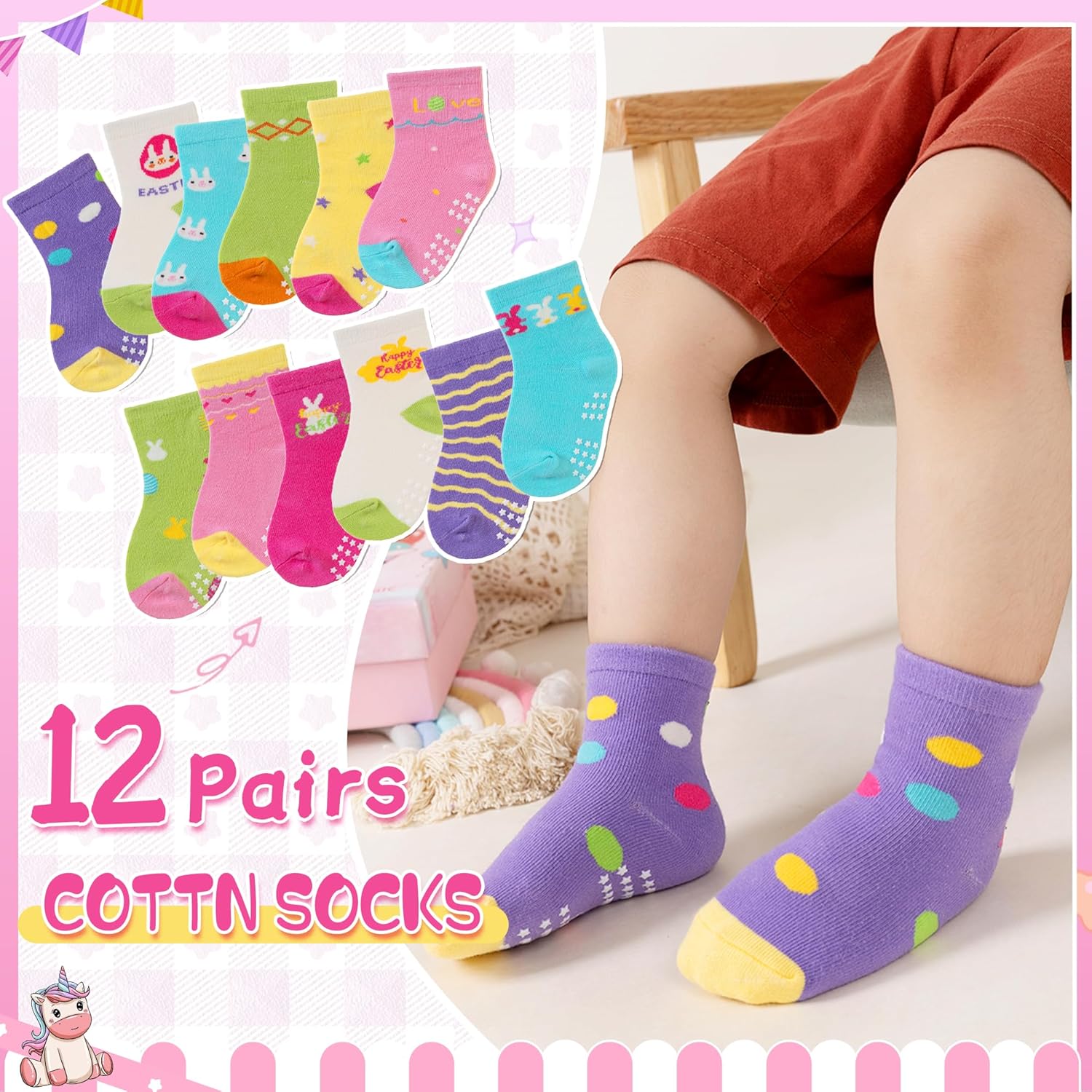 Toddler Non Slip Grips Socks Kids Anti Skid Baby Boys Girls Cotton Crew Socks 12 Pairs - Image 5