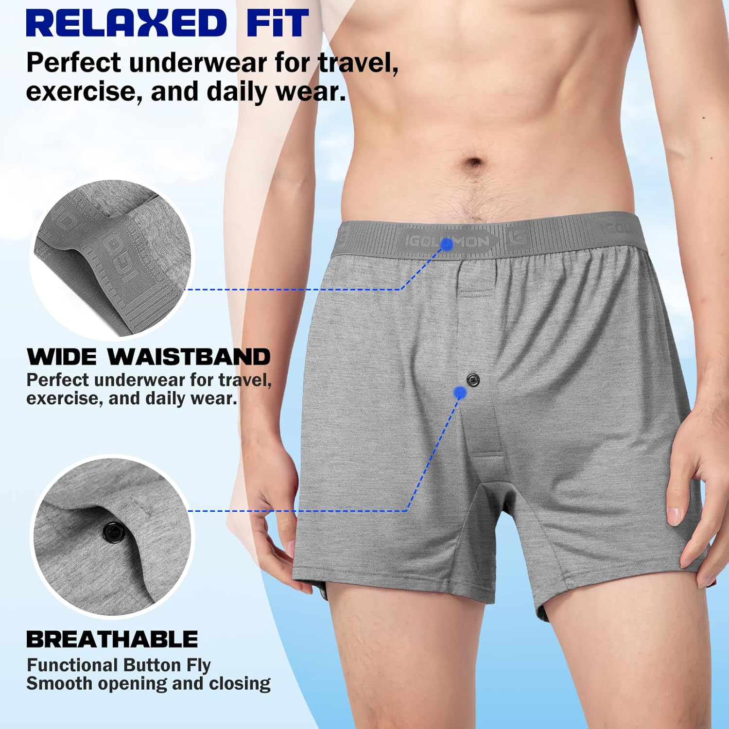 IGOLUMON Mens Underwear Boxer Shorts 5 Pack Bamboo Rayon Boxers for Men Classic Relaxed Fit Boxer Shorts with Button Fly - Image 4