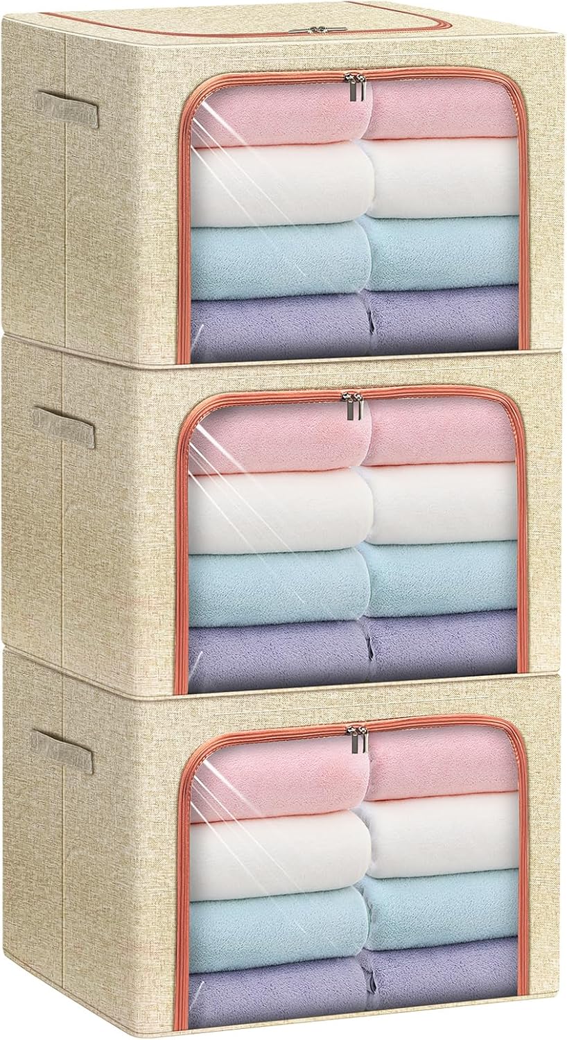 3 Pack Foldable Storage Bins with Metal Frame, Large Capacity Stackable Clothes Organizer with Clear Window & Carry Handles, Linen Fabric Storage Boxes for Closet (Gray, 3PCS-Large-66L)