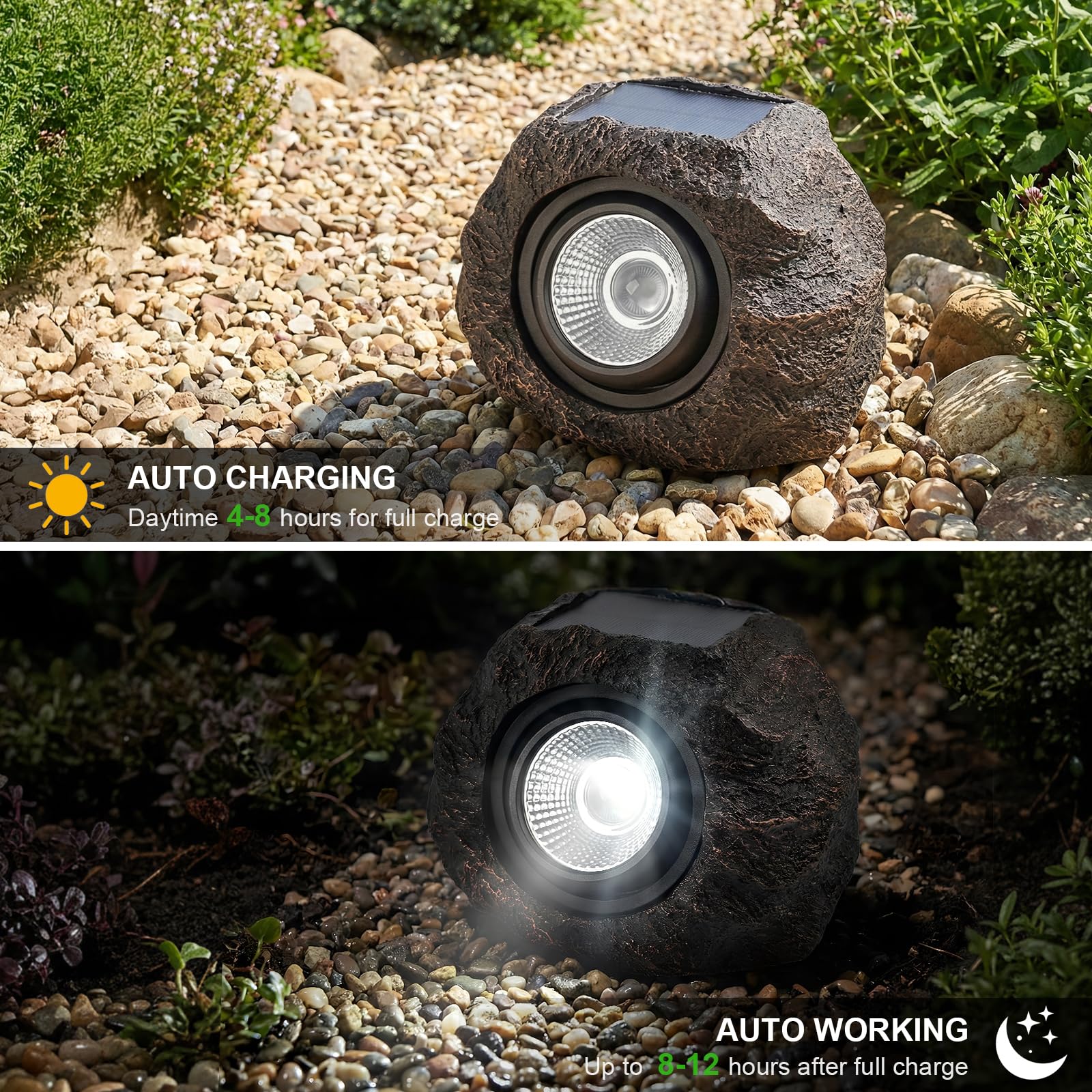 VISFLAIR Luci solari a forma di roccia, confezione da 4 faretti a LED a energia solare, impermeabili, decorativi per giardino, vialetto, vialetto, cortile, paesaggio, patio