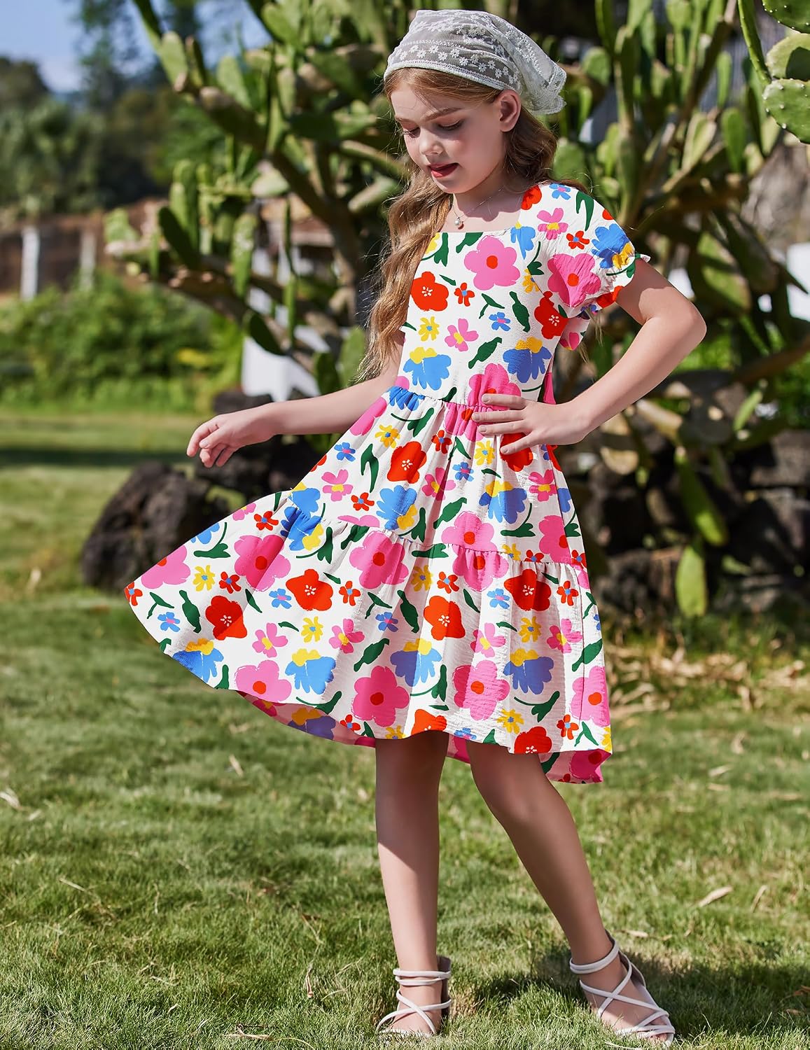 Arshiner Girls Tie Dress Back Short Sleeve Square Neck Dresses with Pockets