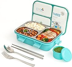 Brand Conquer Lunch Box Leak-Proof BPA Free Stainless Steel for School, Lunch Box for School & Office with a Fork, a Spoon and a Pair of Chopsticks (Classic Blue, Happiness 3 Compartment Lunch Box)