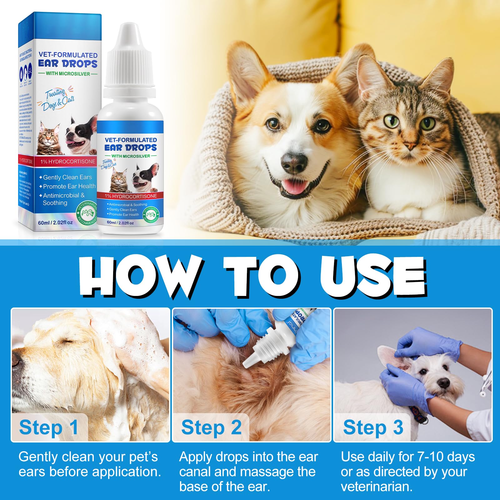bnHUlMXw Ear Infection Treatment Drops for Dogs and Cats,with 1% Hydrocortisone Soothing Dog Yeast Infection, Itchy Ear Relief-Treats Ear Infections for Dogs & Cats - 2 fl oz - image 2