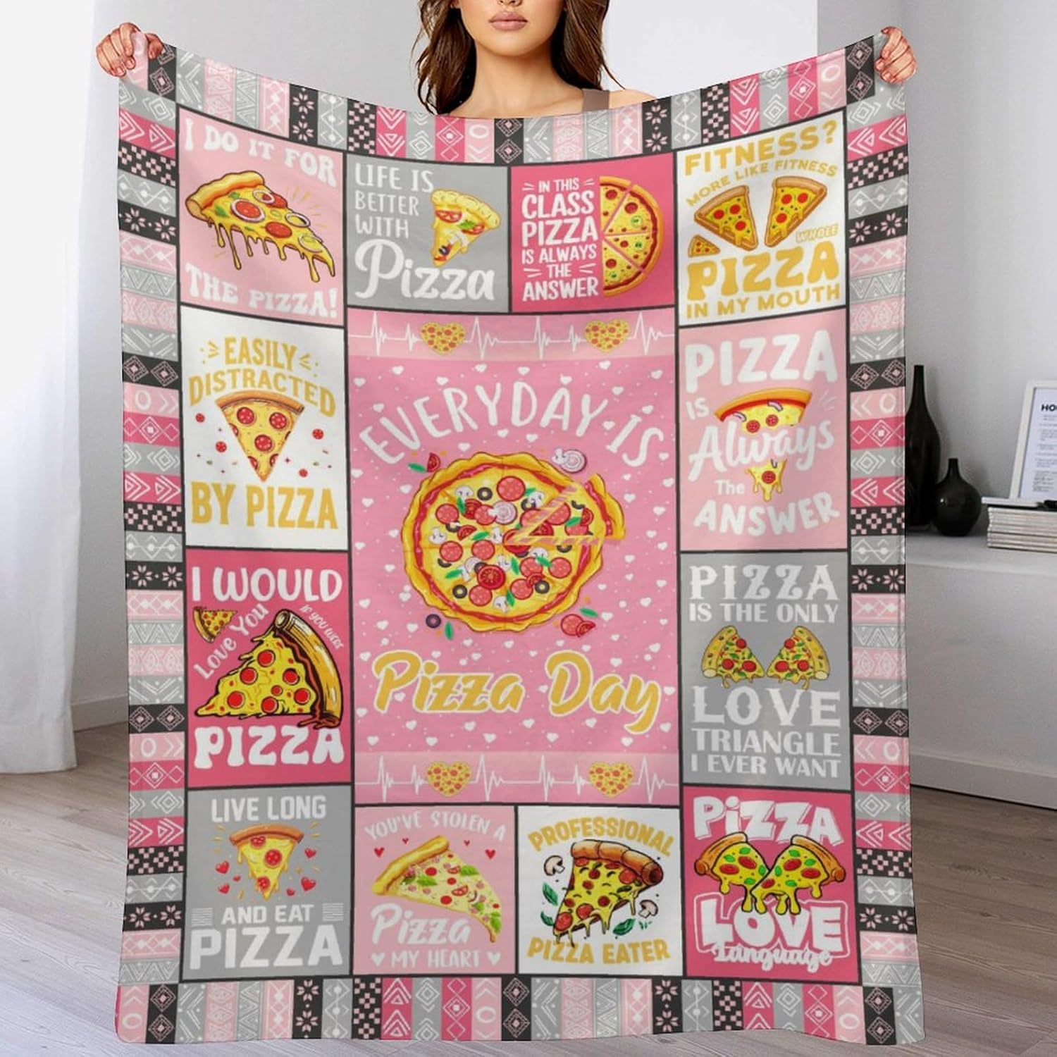 Pizza Throw Blanket - Soft Flannel Cotton Blanket for Kids & Adults - Pink, 50"x40" - Pizza Pattern Visual Feast