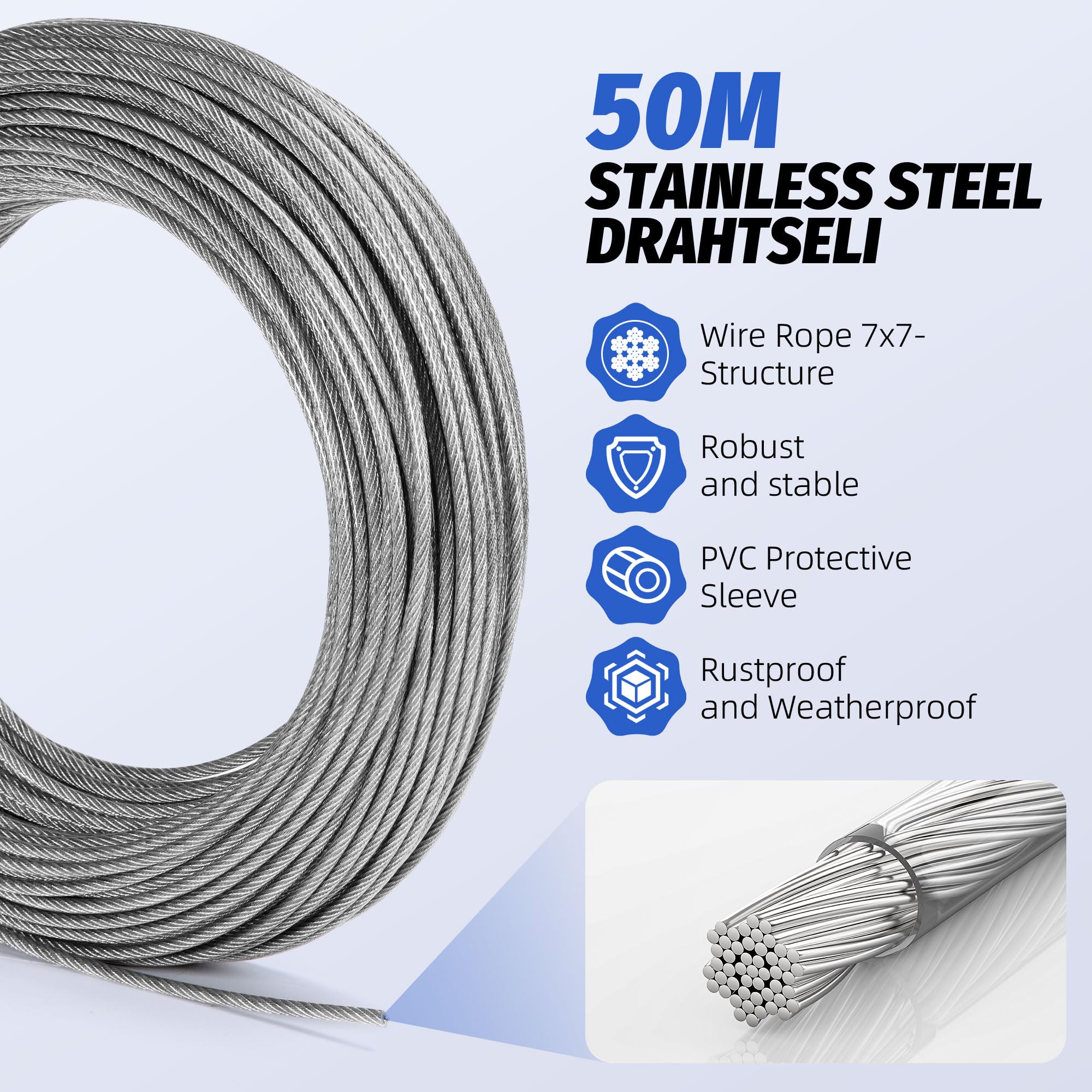 50 m Φ 3 mm Cable Acero Inoxidable, 72 Piezas Kit Cuerda Acero, Cuerda de Alambre Acero Nylon Recubierto con 304 Acero Inoxidable M5 Turnbuckle Tensioner Cable Dedal