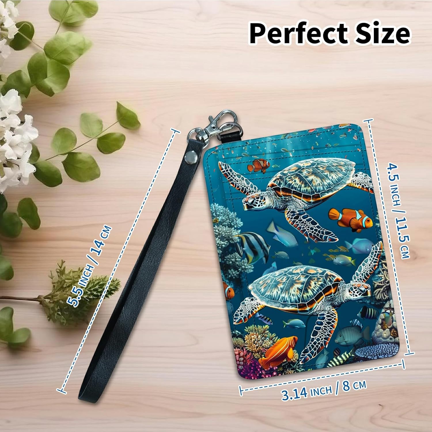 Credit Card Holder for Women, RFID Wallet Women with Wrist Rope Set, PU Leather Small Womens Wallet Slim Card Organizer Gifts Girls for Travel Home Shopping Business, Sea Turtle - Image 6