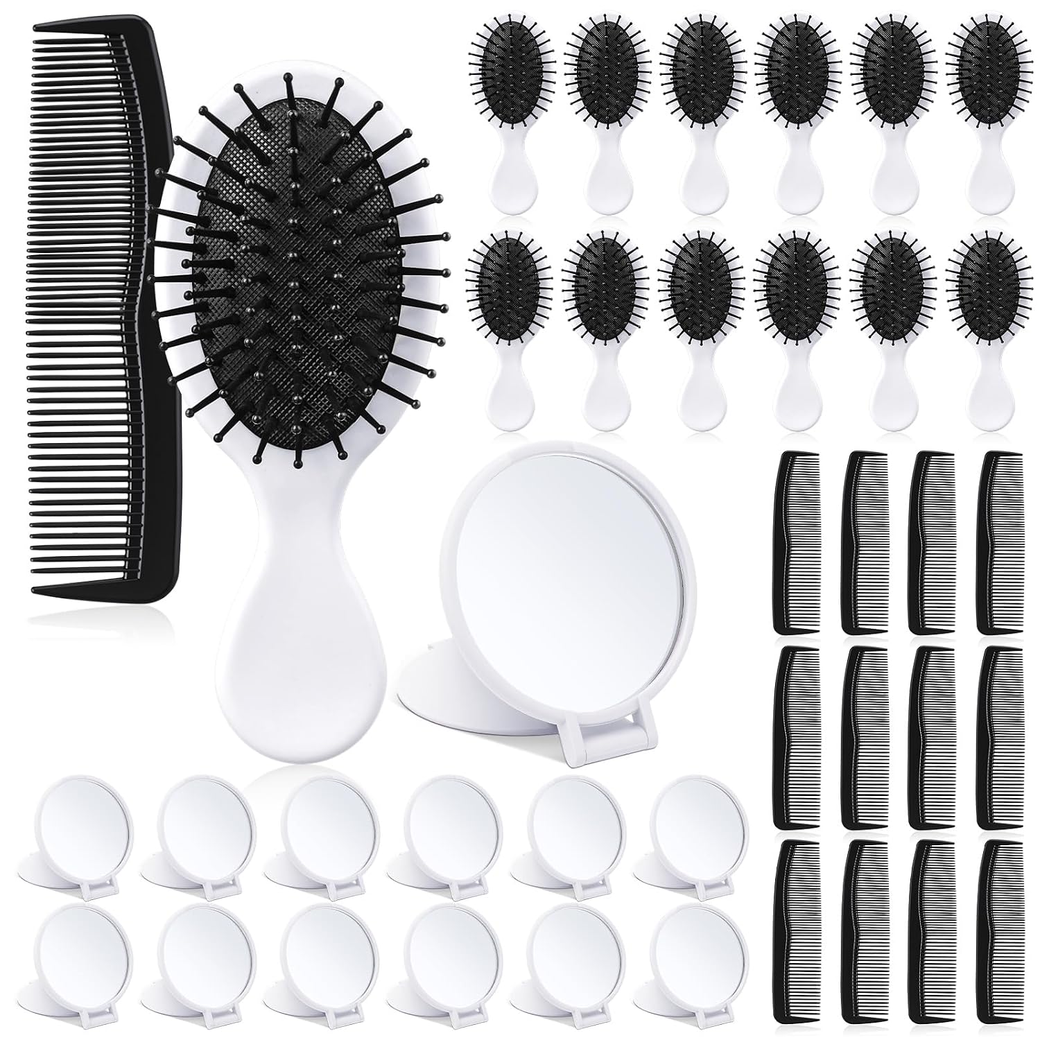 Meanplan 36 Pcs Mini Hair Brush and Comb Mirrors Set, Travel Wet Dry Hair Brush and Combs Compact Makeup Mirrors for Spa Birthday Sleepover Bridal Shower Travel Bachelorette Party Gift(White)