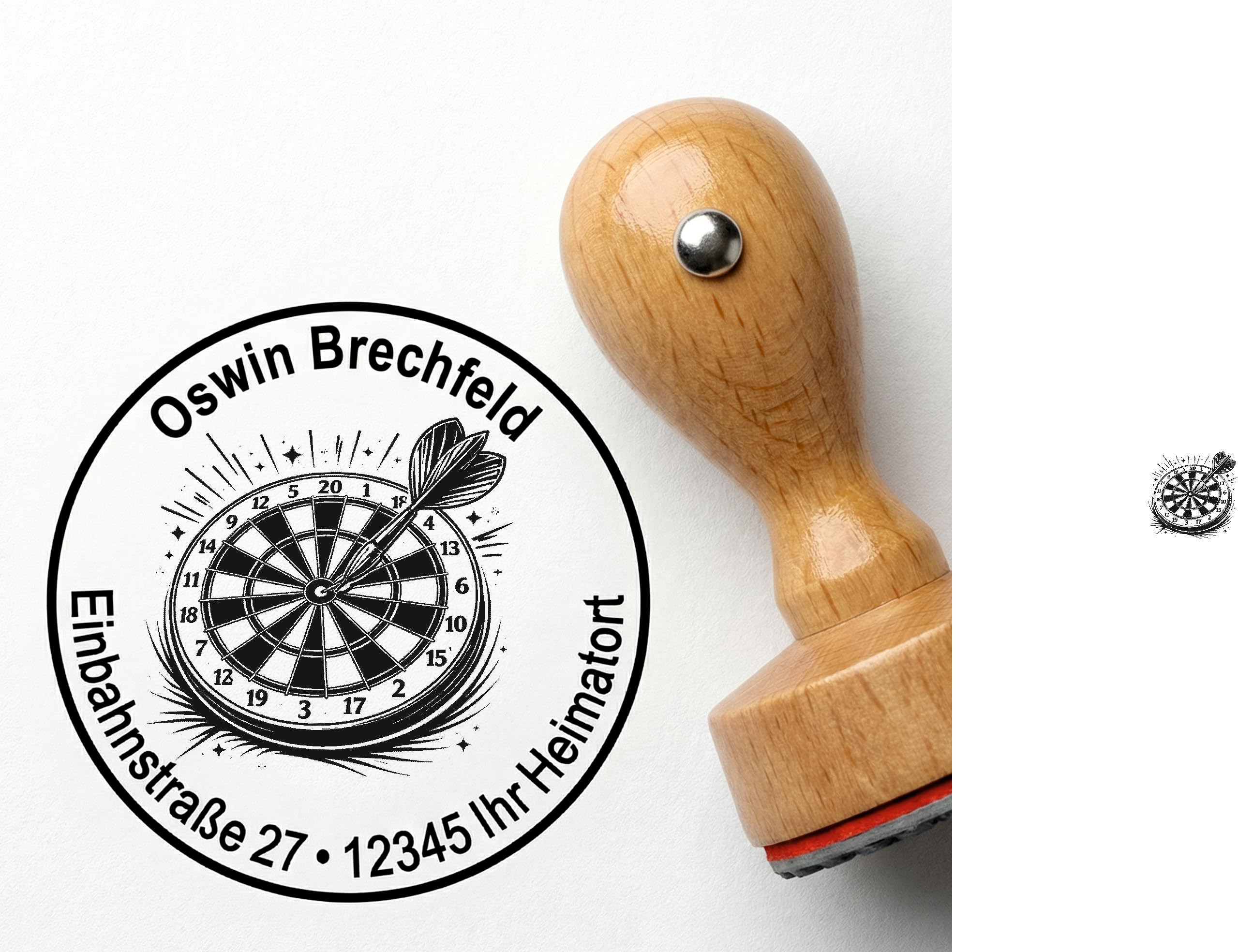 Personalisierter Holzstempel rund mit Adresse & Dartscheiben-Motiv – Wunschtext Stempel aus Holz – ideal für Post, Karten & Dartsfans