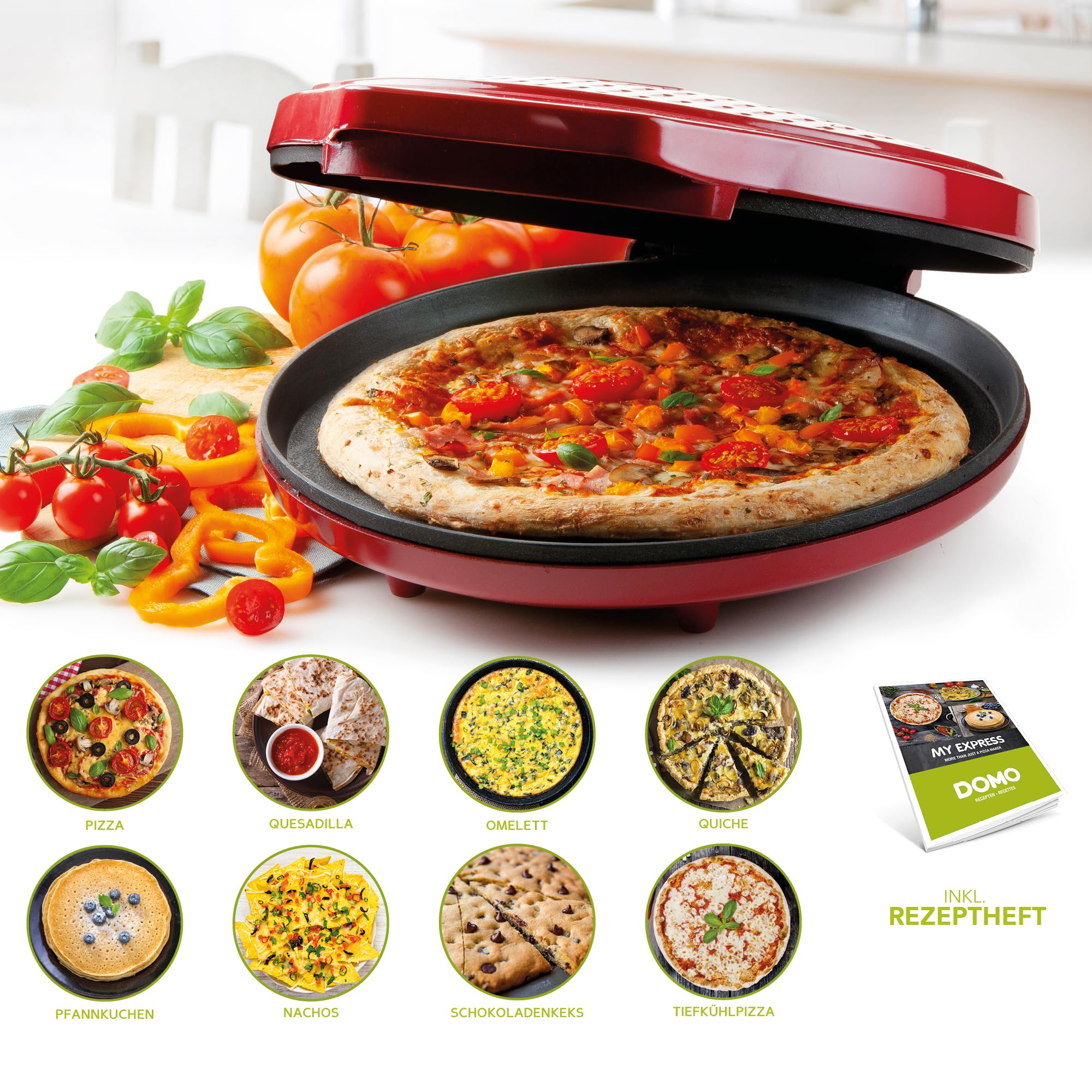 DOMO DO9177PZ Pizzaofen 'My Express' - Pizzapfanne rot - Pizza fertig in nur 12 Minuten - Multifunktionales Gerät