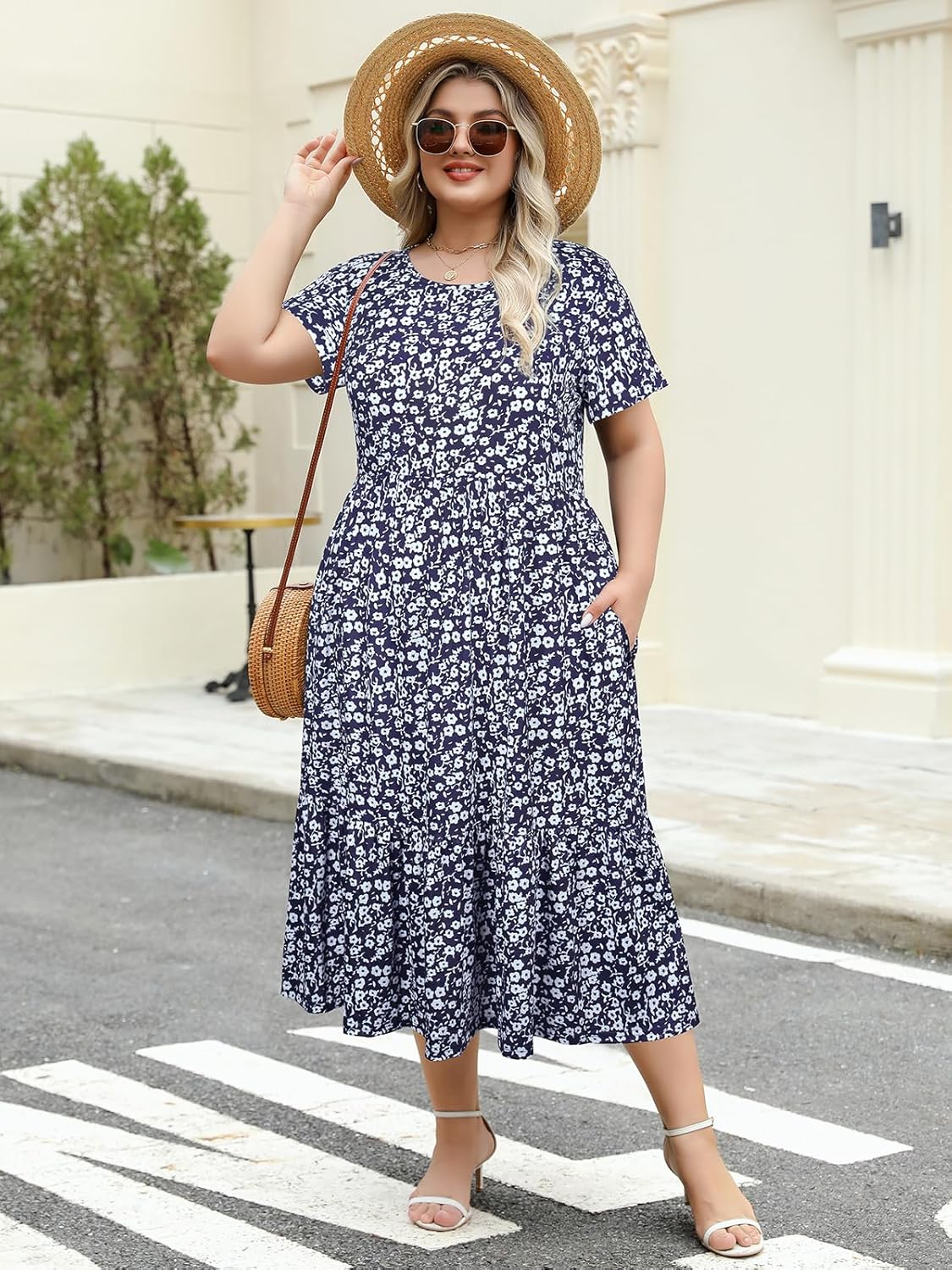 Women's Plus Size Midi Casual Dress with Pockets 1X-4X Tiered Short Sleeve Relax Fit Crewneck Summer Dresses - Image 5
