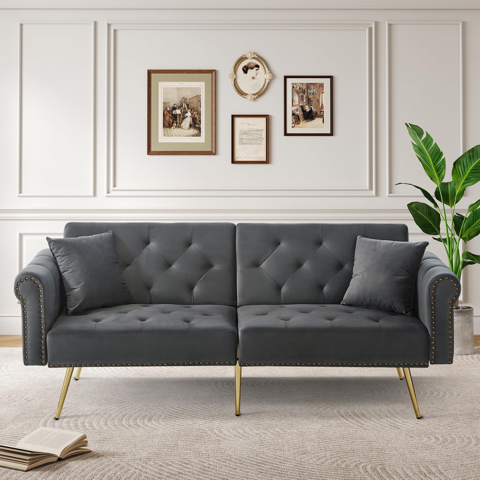 Sofá cama moderno de 2 plazas, funda de terciopelo, respaldo ajustable en 3 niveles, patas doradas, elegante dormitorio, ahorra espacio, resistente (gris)