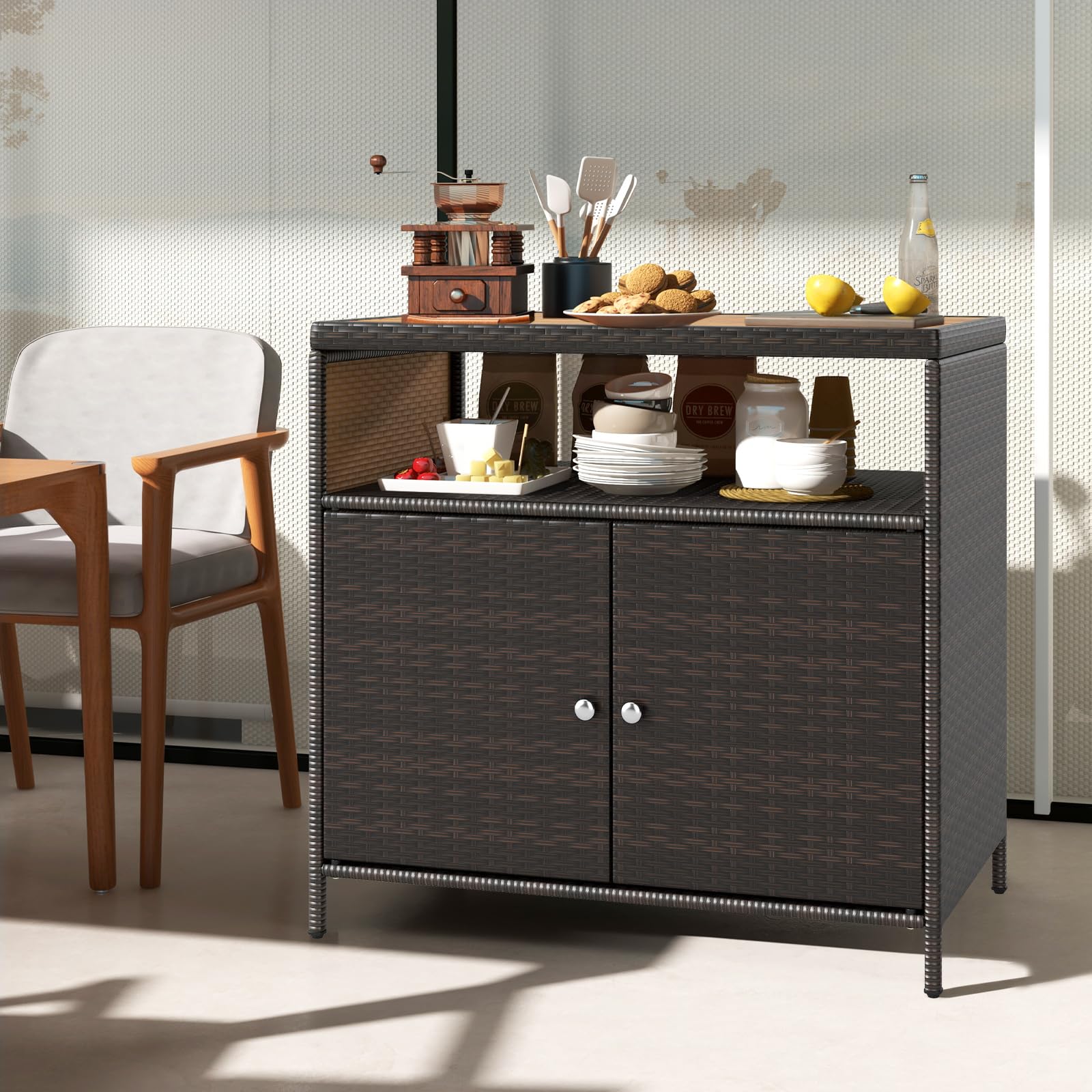 LIFEZEAL Gartenschrank Rattan, Aufbewahrungsschrank mit Akazienholzoberfläche, 90 x 53 x 86 cm, Braun