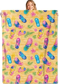 Flip-Flop Summer Fun Throw Blanket,50x60in,Soft,Lightweight Flannel,Palm Leaves Tropical Flower Blankets - Gifts for Men Women,for Couch Office Travel,Home Living Room Vacation Lovers Decor